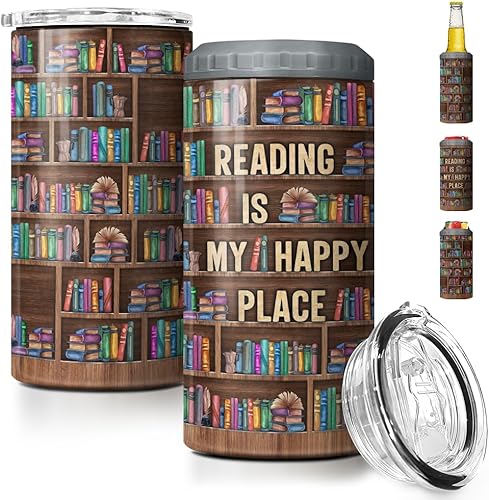 SANDJEST Vaso para Amantes de los Libros Estante 4 en 1 Vaso de 12 oz Enfriador de Lata Coozie Vaso delgado de acero inoxidable Regalo para