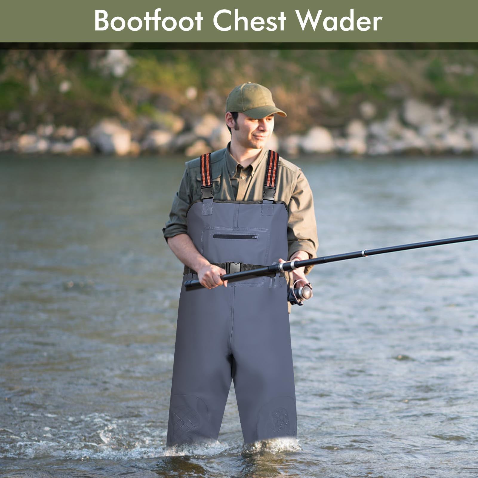 Gugxiom Stiefel-Brustwathose, Wasserdichte Wathose aus verdicktem PVC zum Fischen und Jagen, Einteilige Wathose für Unisex, geeignet zum Fischen, Waten und Arbeiten auf Fischerbooten