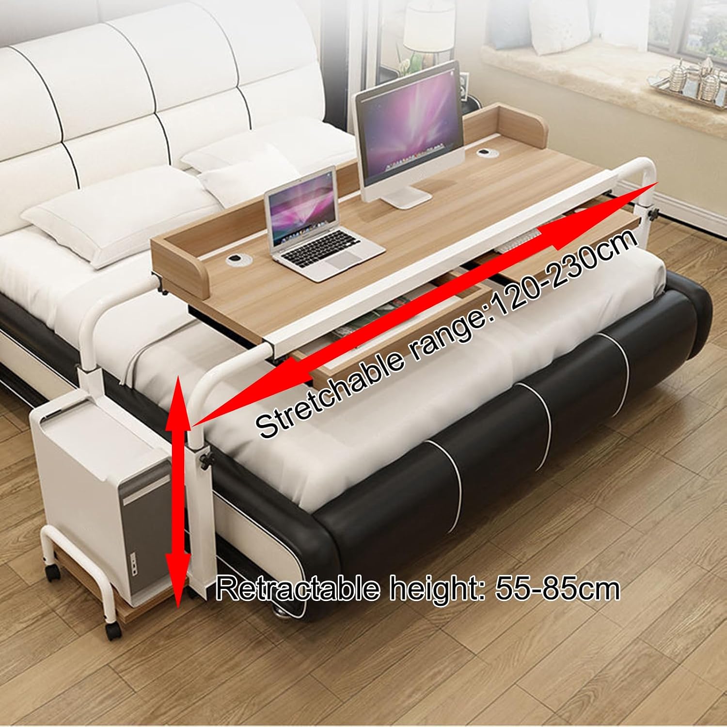 Extendable Rolling Mobility Table Over Bed,Overbed Table with Wheels, King Queen Bed Table, Swivel Wheel Rolling Tray - Multifunctional Movable Cross-Bed Table, Overbed Table, Roll