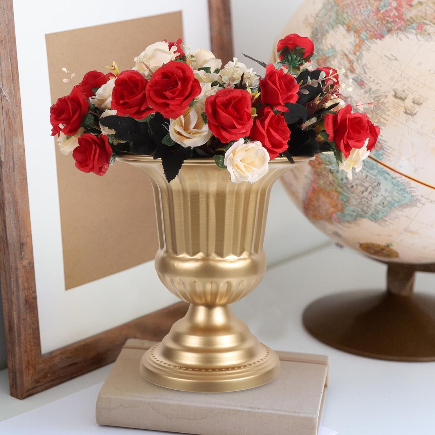 HOMSFOU Vintage Metal Flower Vase 9.05X8.26X8.26In Rustic Iron Urn Planter for Wedding Decor and Desktop Floral Arrangement with Stable Flat Base