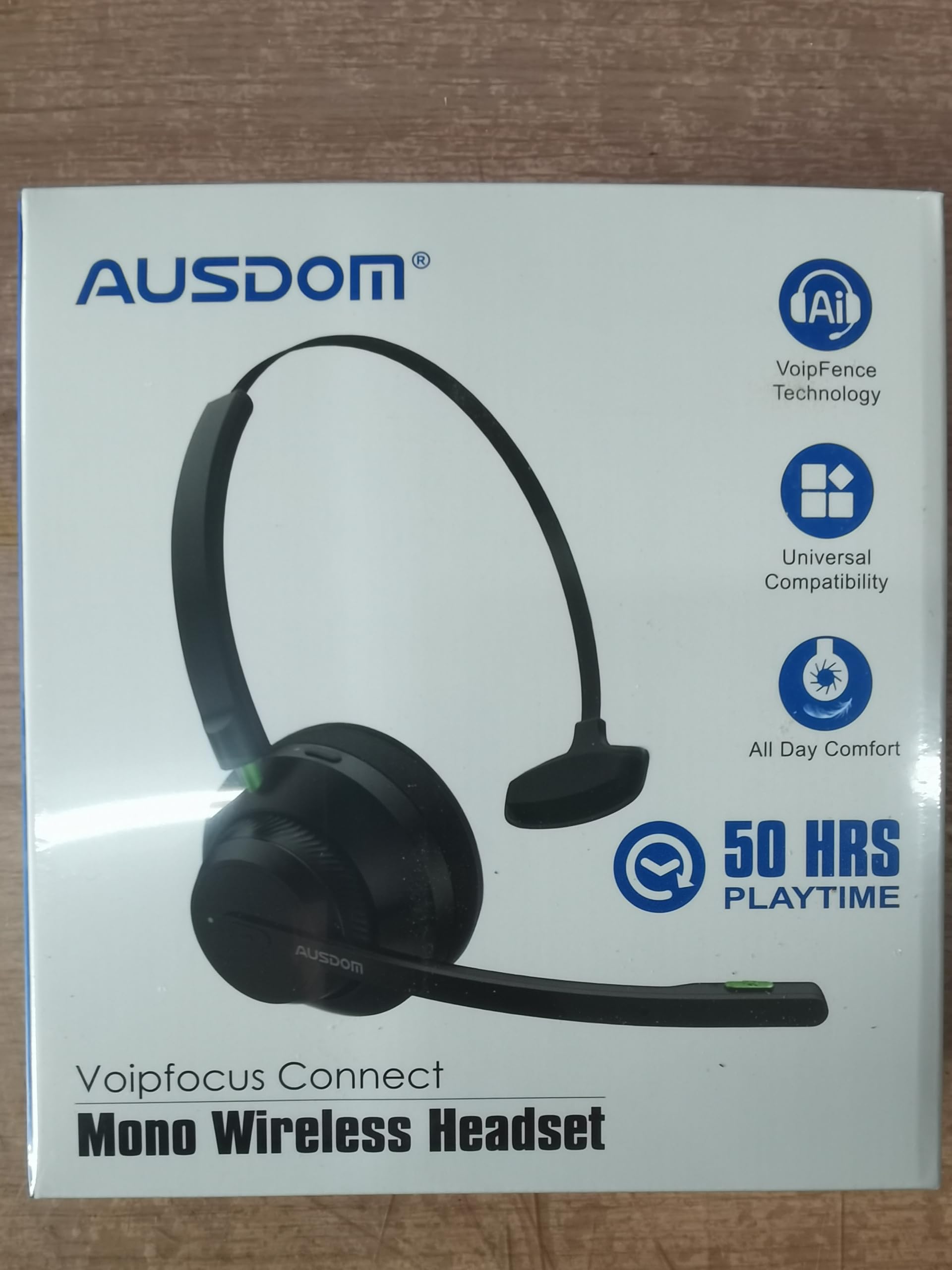 AUSDOM Casque pour Téléphone Fixe sans Fil avec Micro Antibruit, A2301 Casque Bluetooth Mono avec Bouton Multifonction, 50 Heures de Jeux, pour Le Bureau de Centre d'appel