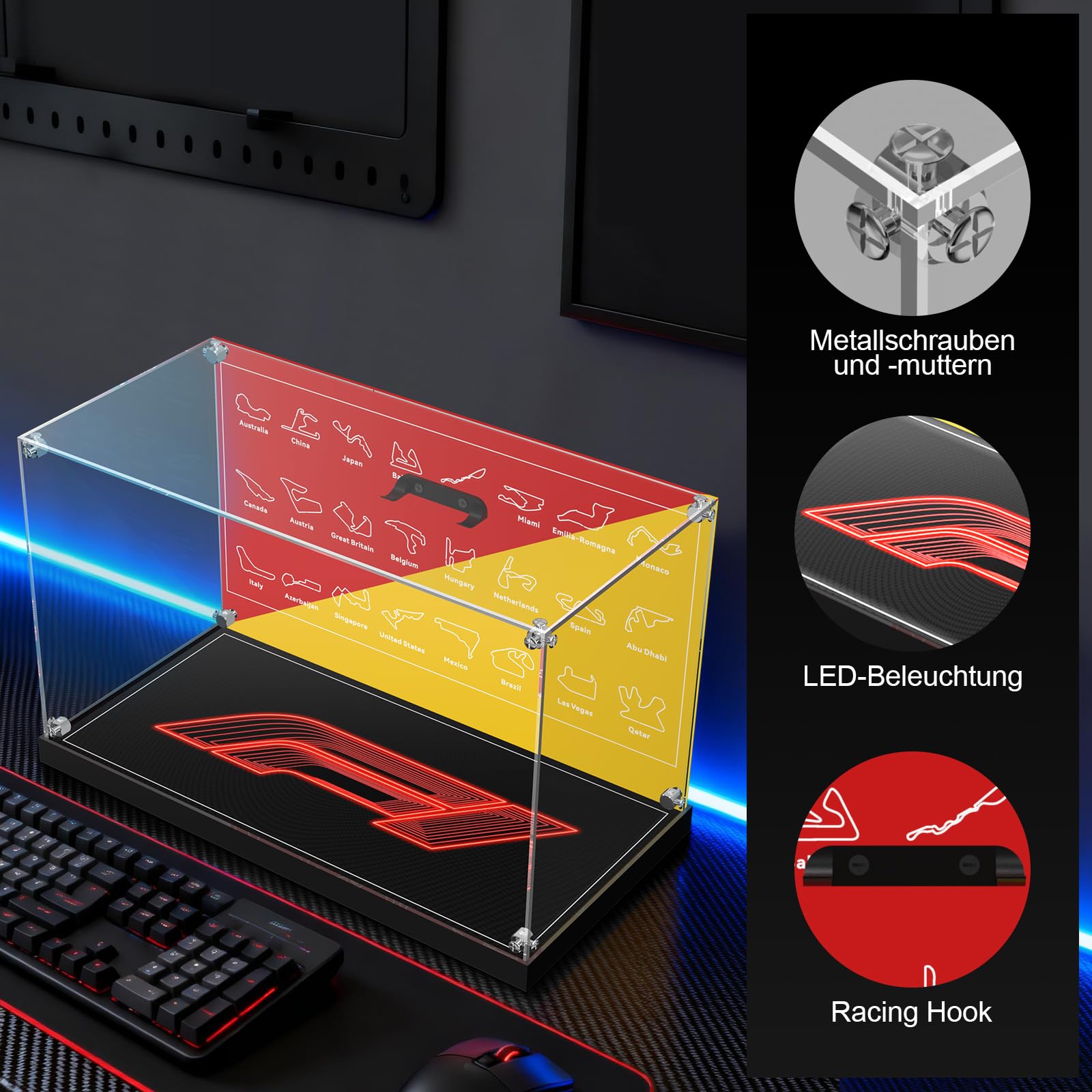 Vetrina 3 in 1 compatibile con Lego Speed Champions F1 Racing Cars 77242 e caschi 43014 + 43022 (senza modello), alimentata tramite USB, con luci a LED, per collezione di modelli di auto da corsa