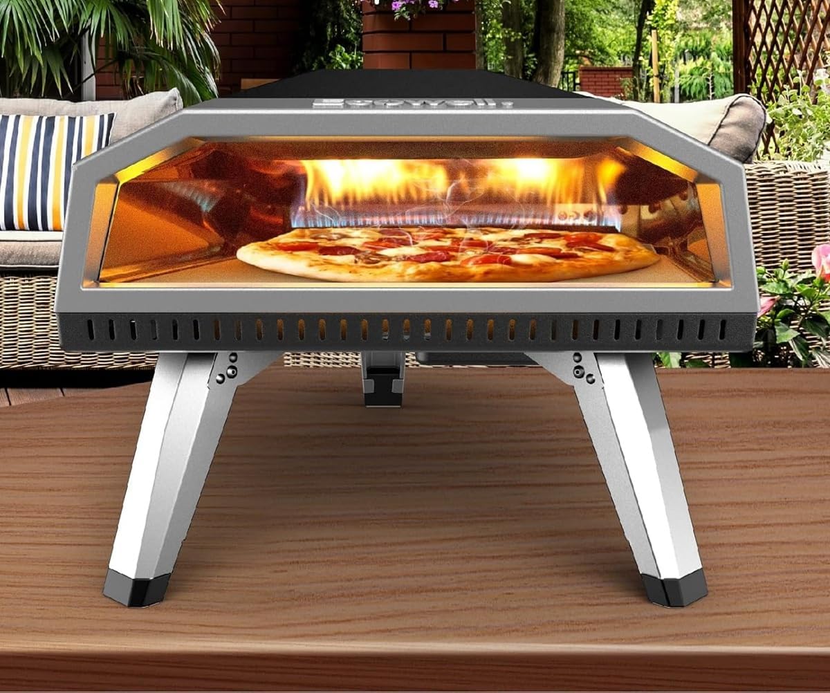 ECOWELL Gas Pizza Oven Outdoor, 12 Inch Portable Pizza Oven with Pizza Stone/Peel/Cutter, Infrared Thermometer and Waterproof Cover, Propane Outside Backyard Pizza Maker, Black