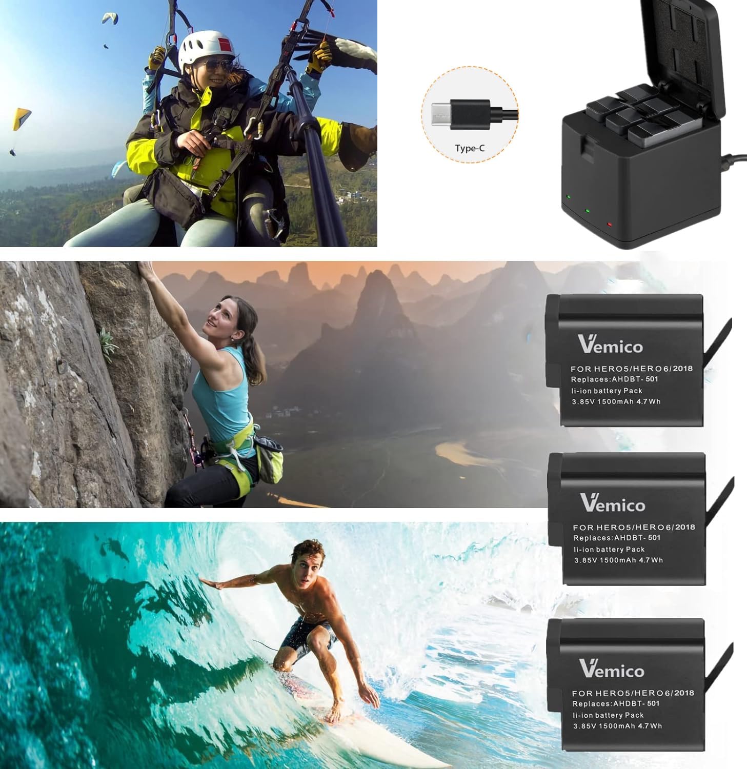 Vemico Hero 7/6/5 Batteria Caricabatterie Kit 3 Pack 1500mAh Batterie Ricambio Tipo-C LED 3-Canali Caricabatterie per Hero 7 Black/Hero 6/Hero 5 Black/Hero 2018 (Compatibile con L'originale)