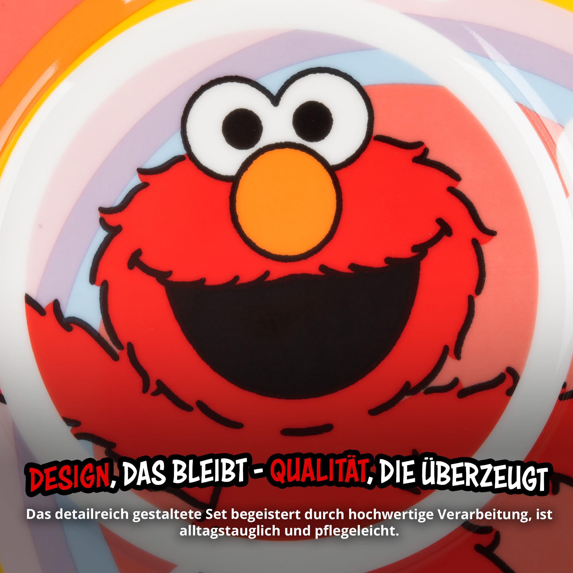 United Labels Elmo Frühstücksset Kinder, mit Elmo, Geschirr Set Porzellan, 3-teilig mit Teller, Schale und Tasse, spülmaschinenfest und mikrowellengeeignet