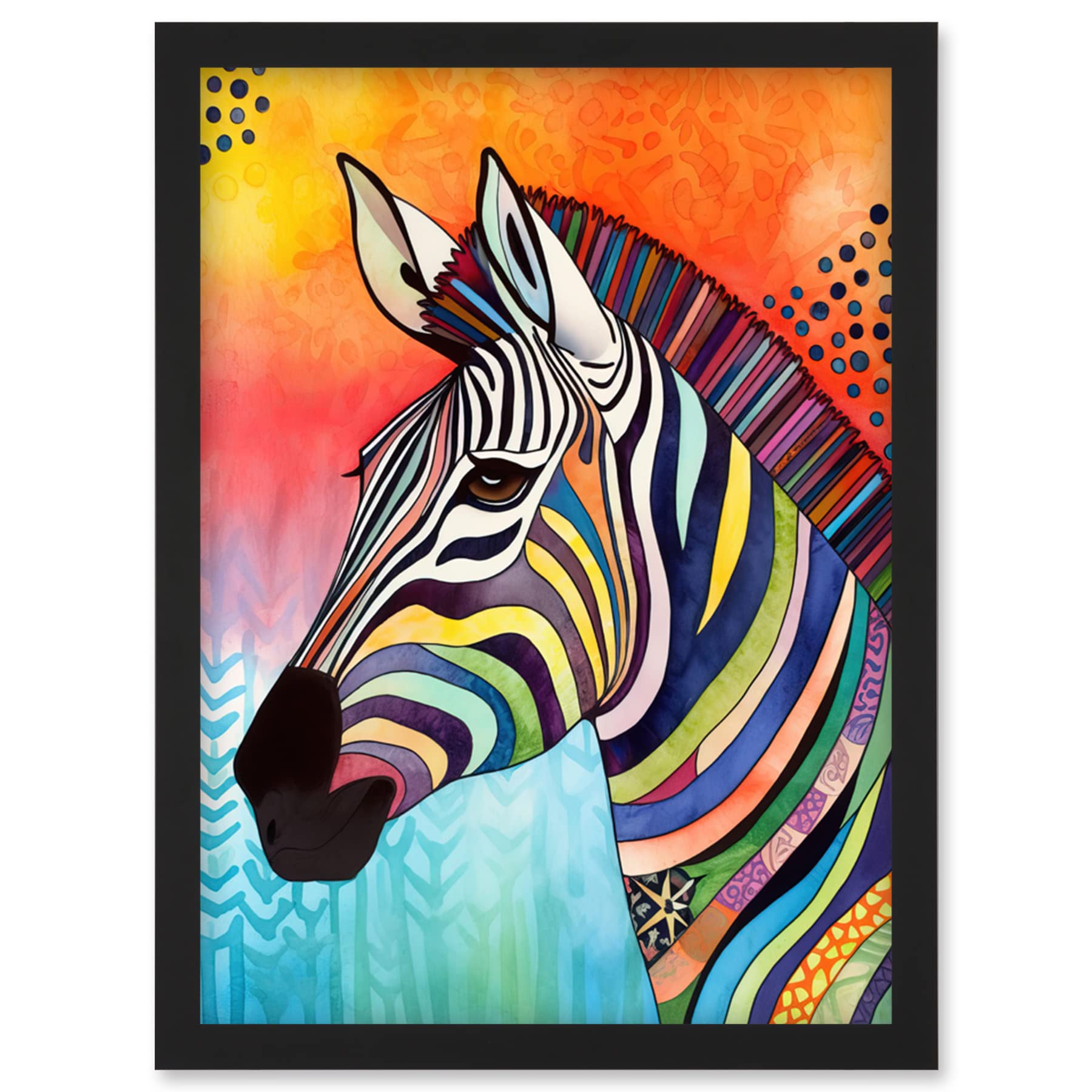 Artery8 Zebra Folk Art Bright Multicoloured Artwork Framed Wall Art Print A4