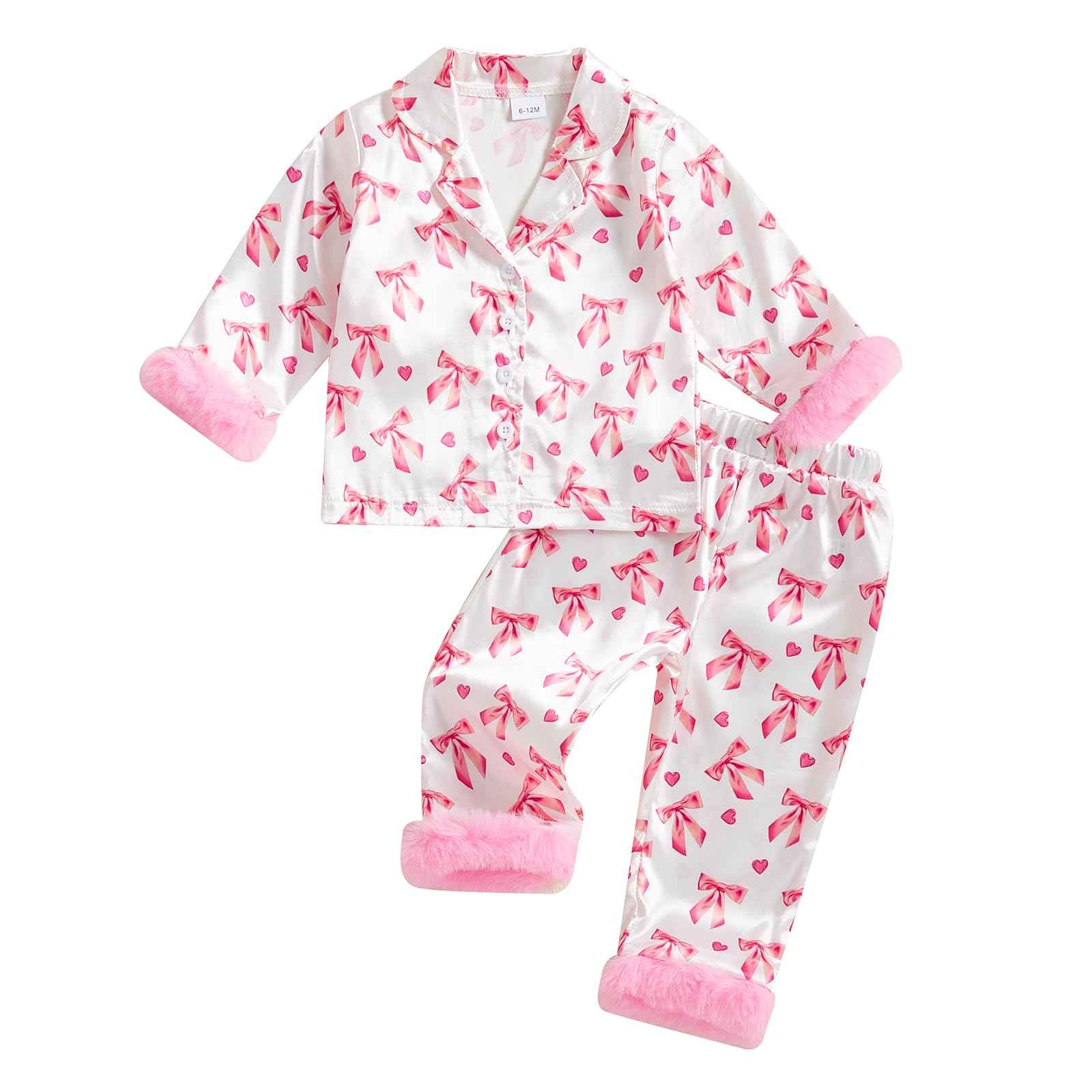 DuAnyozu Toddler Baby Girl Satin Valentines Pajamas Set Feather Trim Heart Print Little Girl Valentines Pjs Spring Clothes (Pink Bow, 6-12 Months)