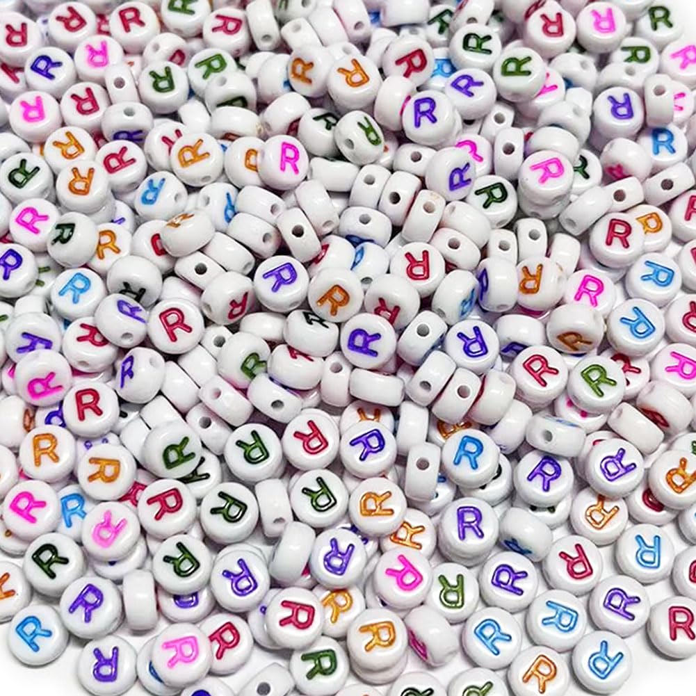 500PCS 4x7mm Acrylic Letter Beads R for Friendship Bracelets Jewelry Making, White Flat Round Acrylic with Colourful Alphabet Beads for DIY Crafts Bracelets Necklaces Key Chains Phone Lanyard