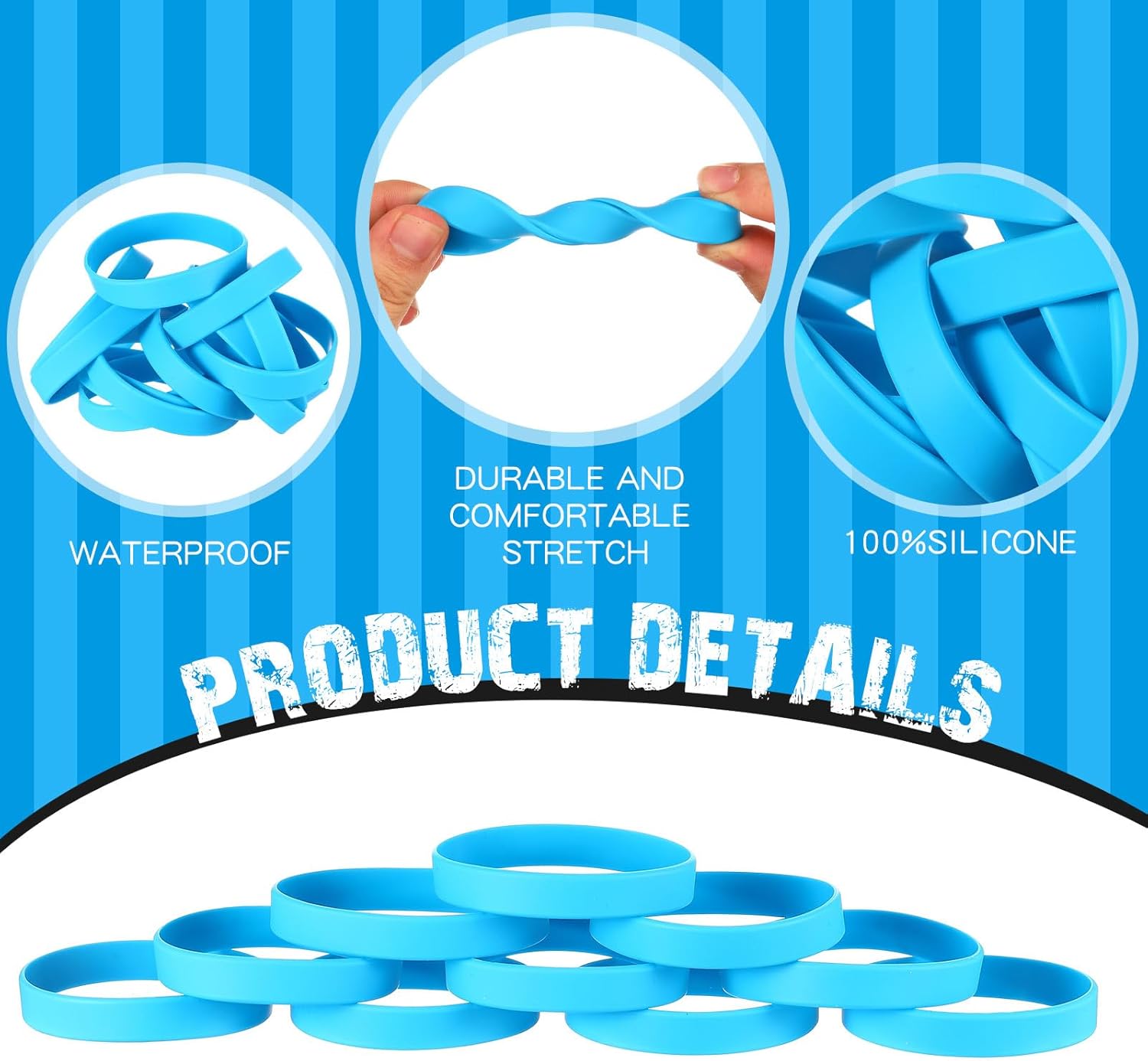 100 Pcs Solid Color Rubber Wristbands Rubber Bracelets Silicone Wristbands Sports Bracelets Bulk Adult Wrist Bands for Event Women Men Party Decorations(Sky Blue) - Image 3