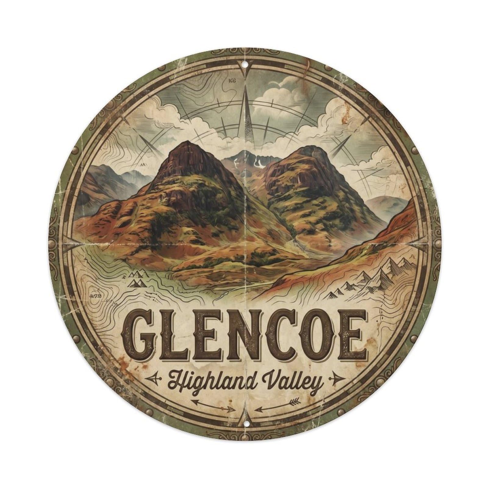 Vintage Travel Glencoe Highlands Scotland Metal Tin Sign Plaque Wall Decor for Cafe, Club Bar, Office, Home Garden Round Metal Poster 8x8Inch