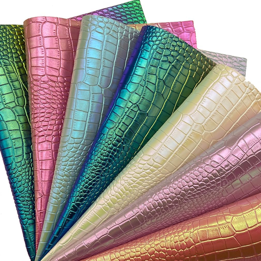8 x 12 inches Holographic Iridescence Crocodile Faux Leather Sheets, 7pcs A4 Shiny Alligator Textured Synthetic Leather Fabric for Crafts Making Leather Earrings, Bows,Sewing