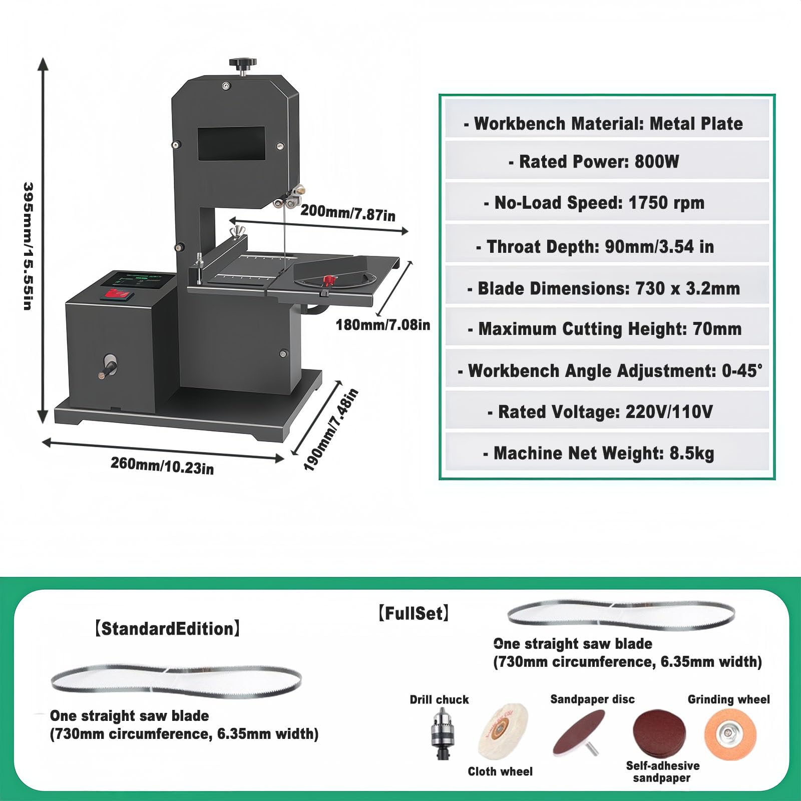 Sierra De Cinta Portátil Profesional 800w para Carpintería - Máquina De Sobremesa con Mesa Metálica Ajustable (0-45°), Corte En Madera Y Espuma, Óptima para Talleres Pequeños StandardEdition