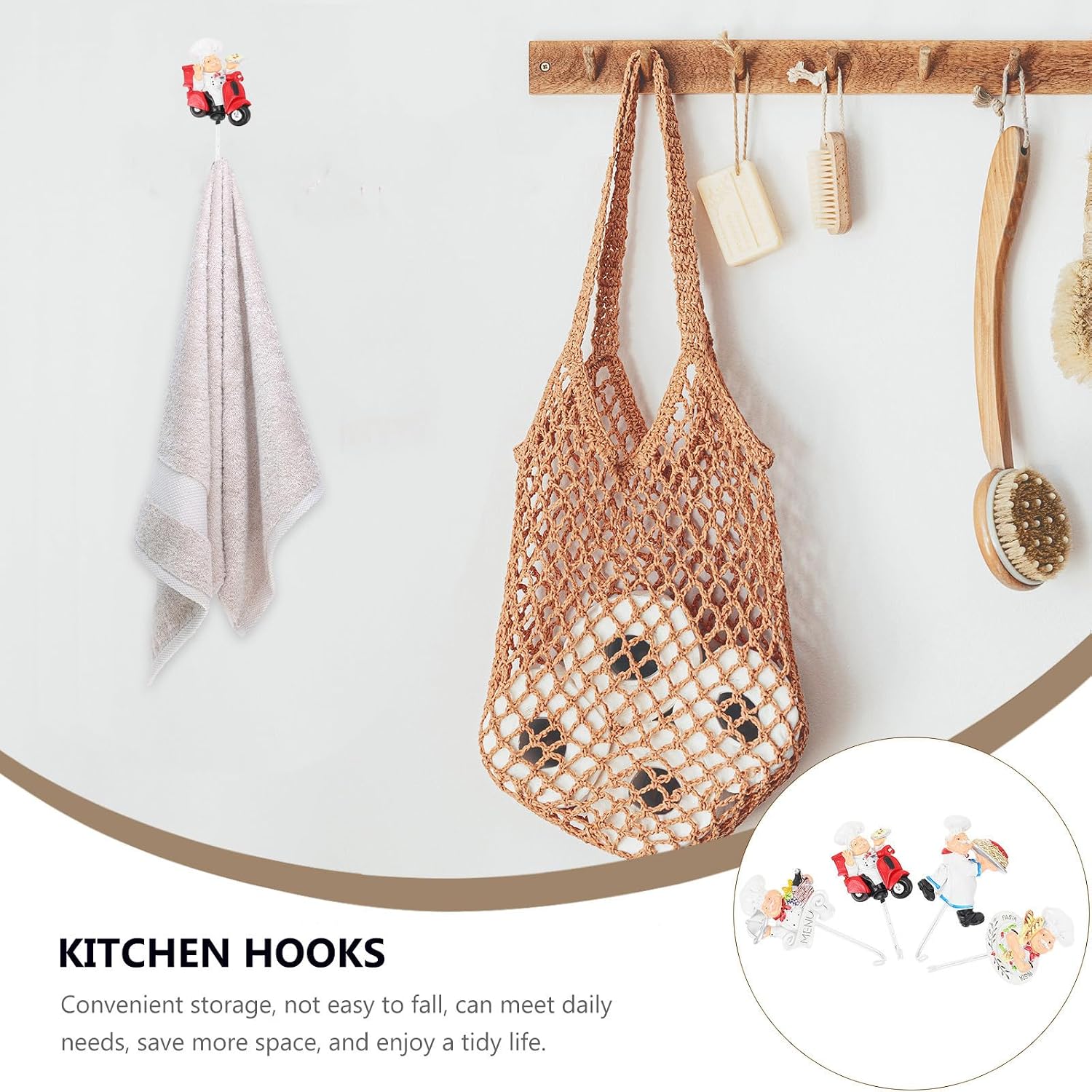 4pcs White Resin Adhesive Storage Hooks for Kitchen Hanging