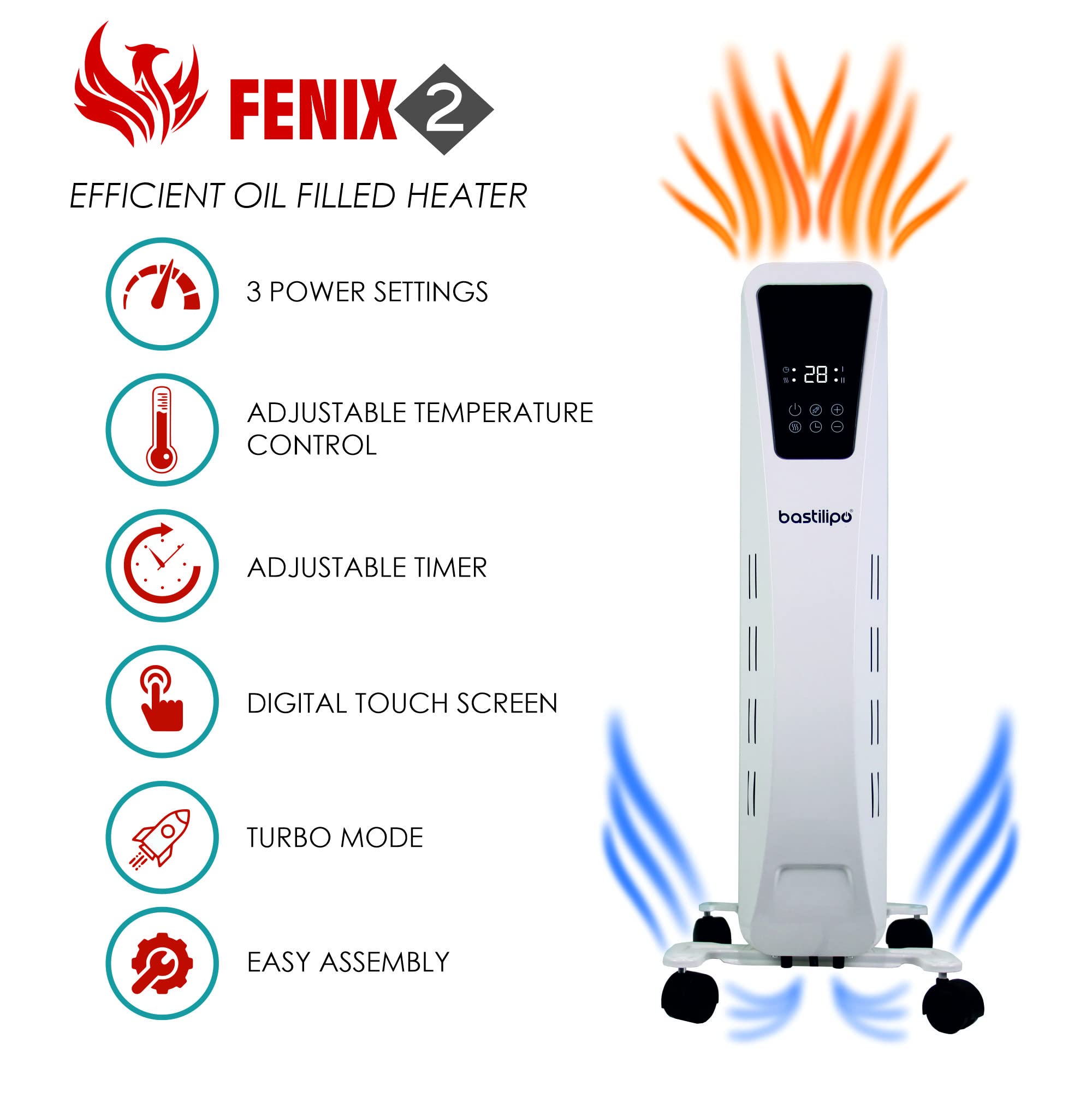 Bastilipo - Płynny grzejnik z efektem komina, cyfrowy wyświetlacz, 2500 W, 11 elementów, Fenix2-2500