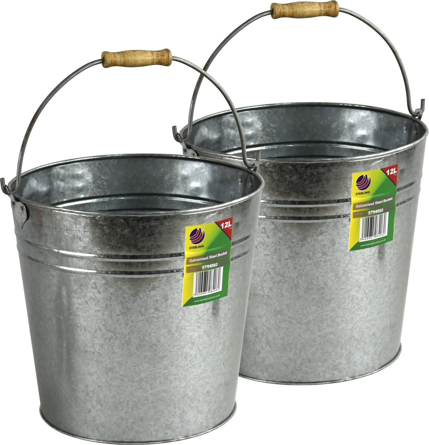 Sterling Ventures Silver Set Of 2 Heavy Duty Galvanised Steel Metal Bucket Pail With Handle (2X 12L)