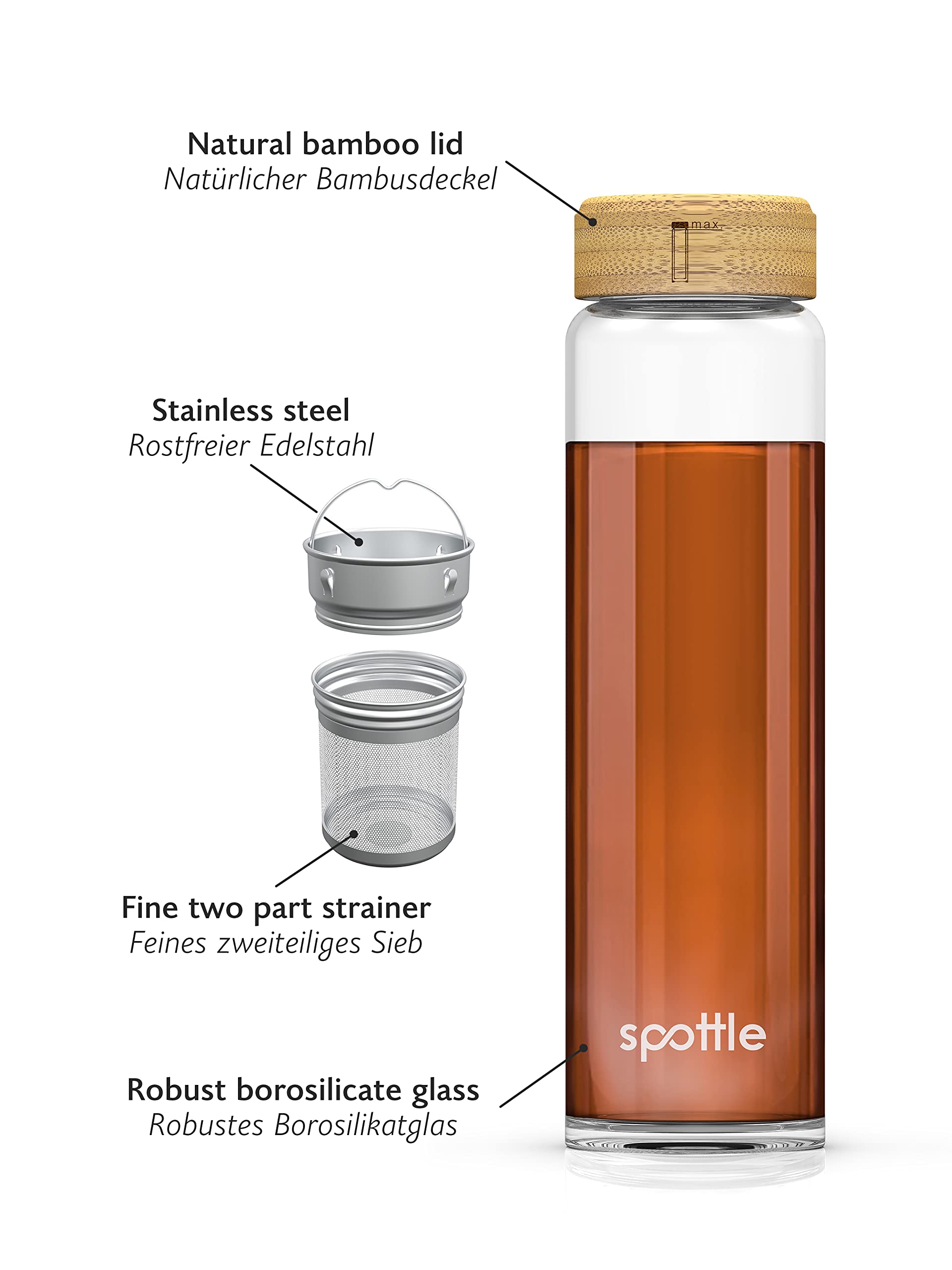 spottle Botella de Agua y Té Vidrio 1L con Infusor Acero Inoxidable | Borosilicato Doble Pared, Funda Neopreno, Apta Lavavajillas y Todo Tipo Bebidas