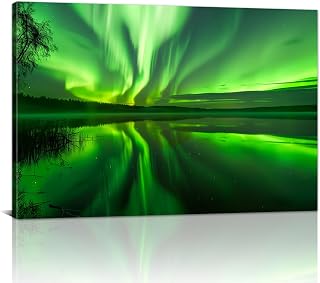 Green Northern Lights Wall Art Aurora Borealis Canvas Prints Forest Mountain Landscape Paintings Abstract Scenery Picture for Living Room Bedroom Bathroom Decor Framed(Nature-5,12L x 18W)