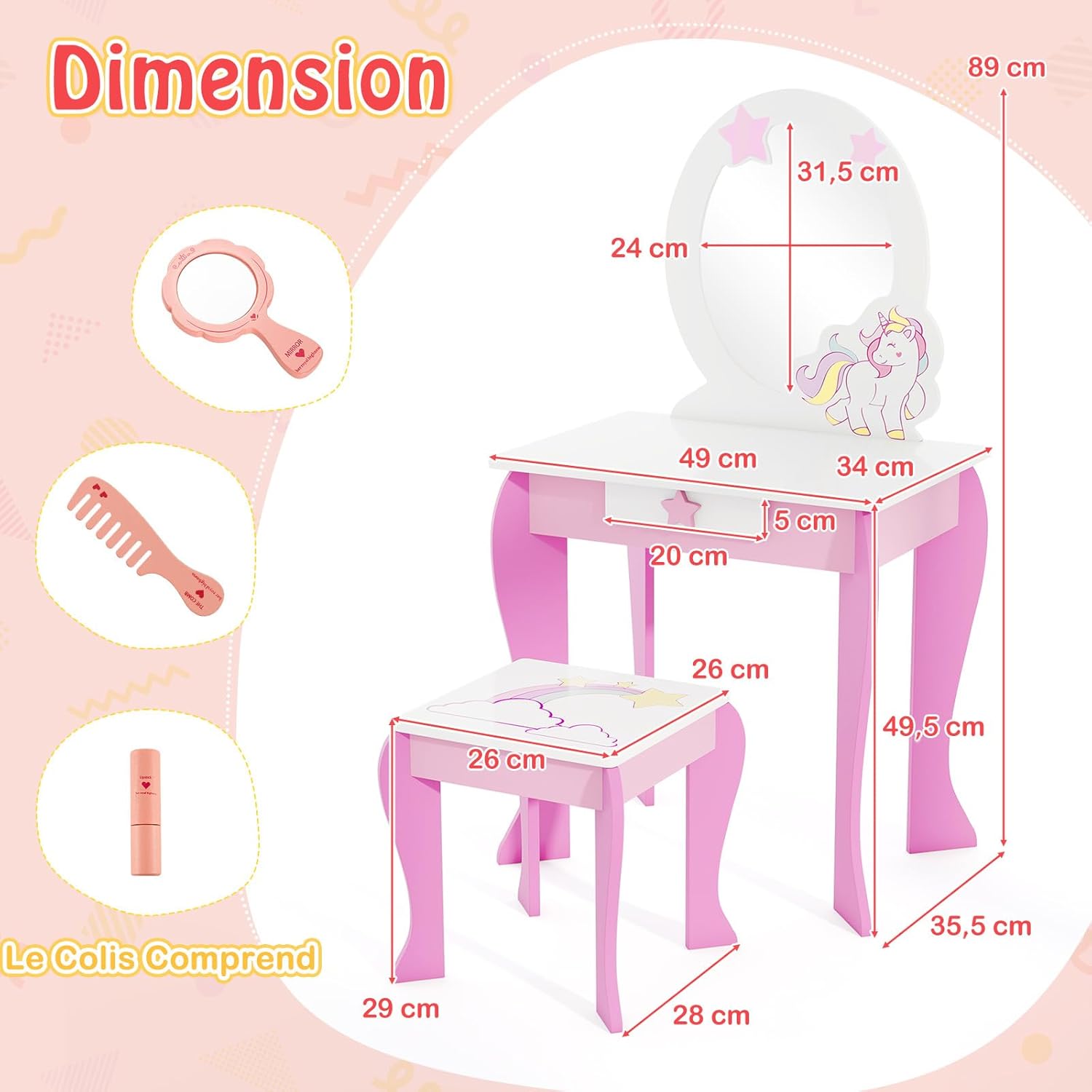 Image showing the dressing table and stool with dimensions, and a separate section displaying the included toy hand mirror, comb, and lipstick toy.