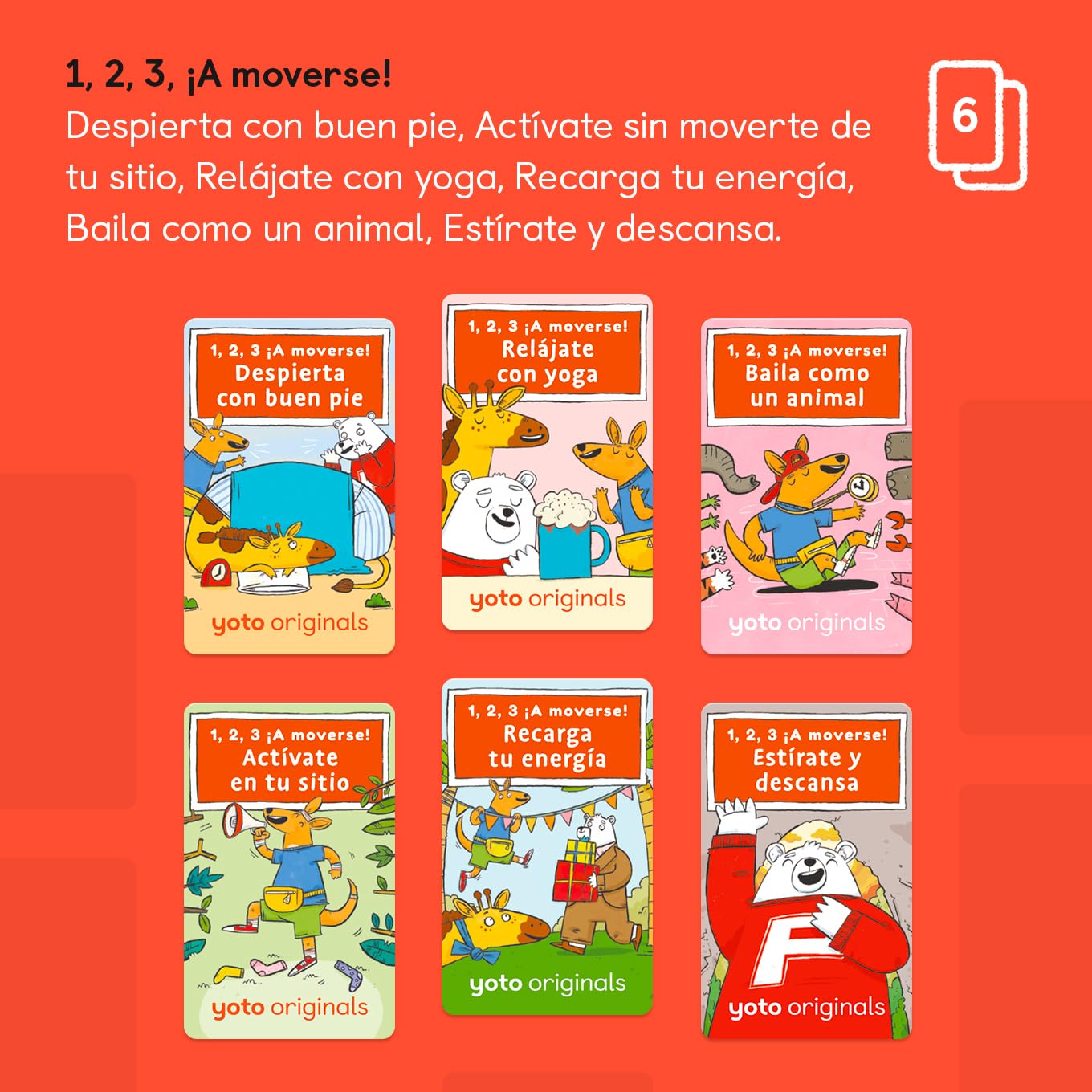 Yoto 1, 2, 3, ¡A moverse! – 6 Tarjetas Audio en español para niños. Actividades sin Pantallas con Historias Audio y Ejercicios Divertidos. Compatible con Yoto Player y Mini. Edad 3+.
