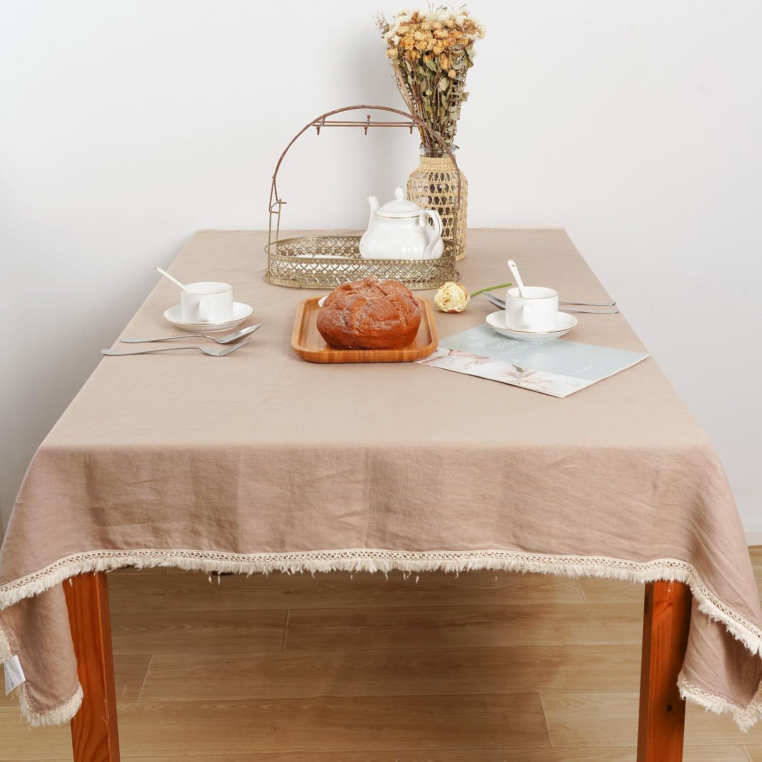 100% Pure Linen Tablecloth with Tassel, Boho Farmhouse Decor Natural Table Cloth for Rectangle Tables for Party, Picnic, Kitchen and Dining Room (Khaki, 53 x 79 Inches)