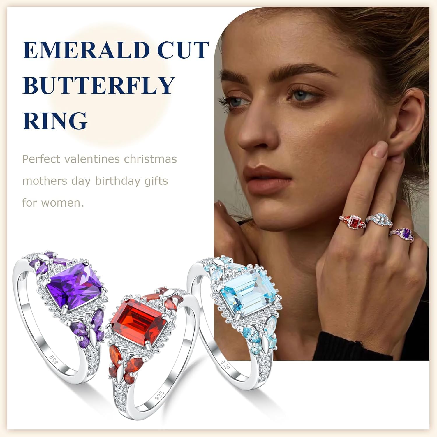 Butterfly Rings for Women, 925 Sterling Silver 3-4 Carat Birthstone Halo Ring Amethyst/Emerald/Blue Sapphire/Ruby Promise Ring Emerald Cut Engagement Rings for Her,Lovers Birthday Valentines Gift - Image 7