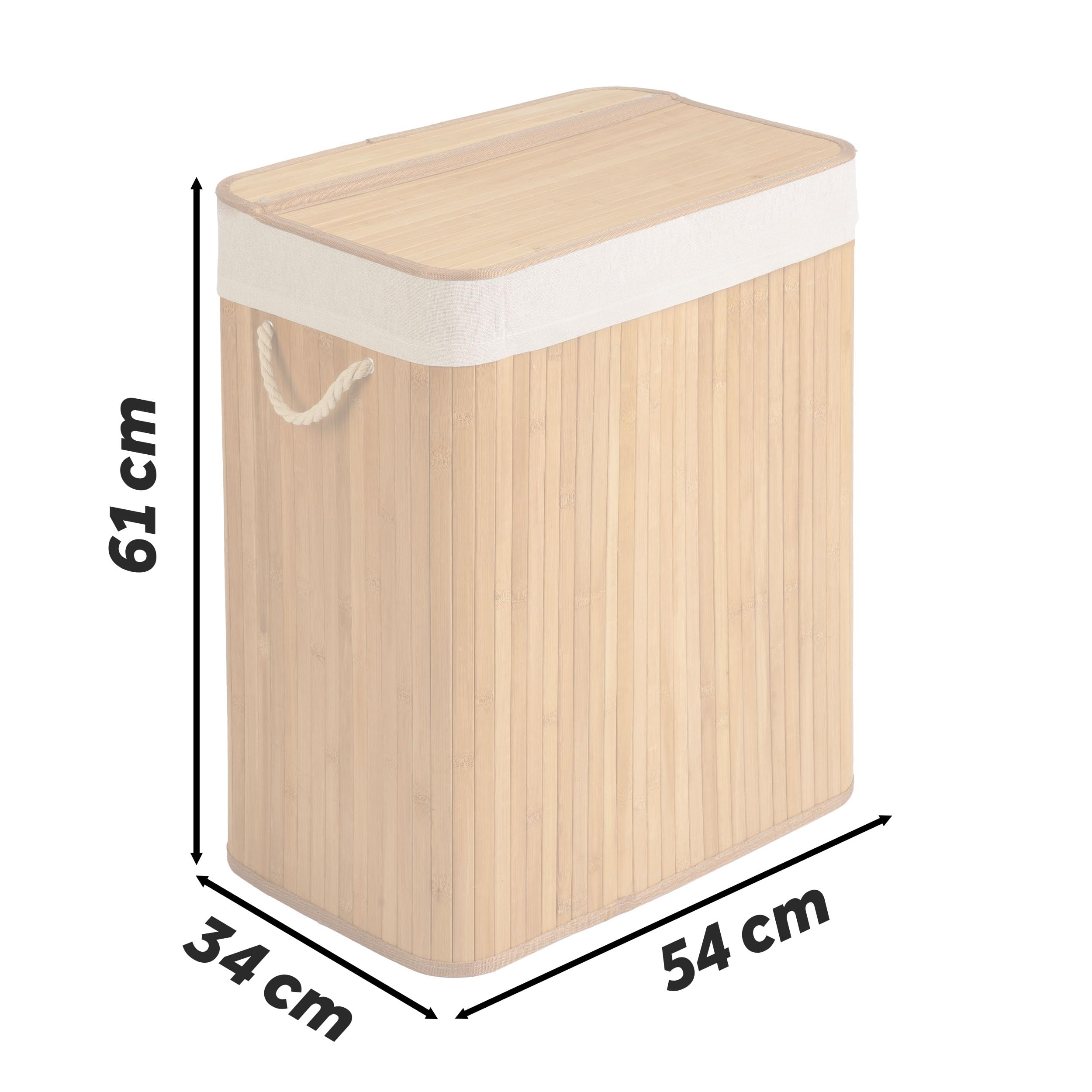 Cesto portabiancheria a 2 scomparti, 100 l, con coperchio e sacco per la biancheria, in bambù, colore beige, 61 x 54 x 34 cm