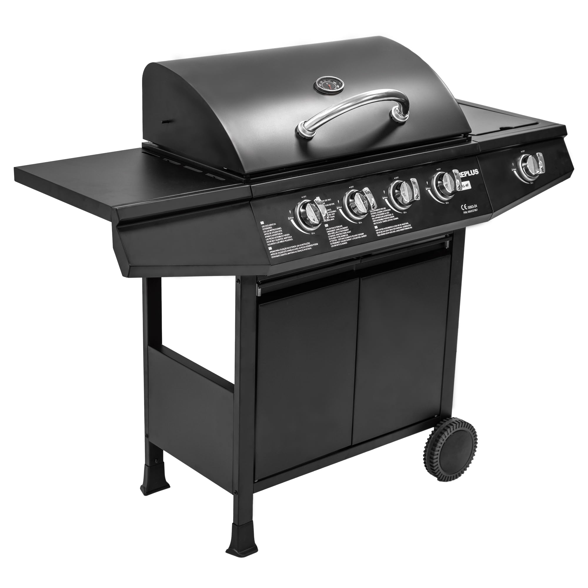 Amig - Barbacoa de gas Fireplus 4+1 de 9,3 kW - Acero inoxidable Negro - Parrilla con ruedas Modelo GRILL-4F - Barbacoa XXL con carro y termómetro - 126x52x103 cm - 5 quemadores y Bandeja lateral