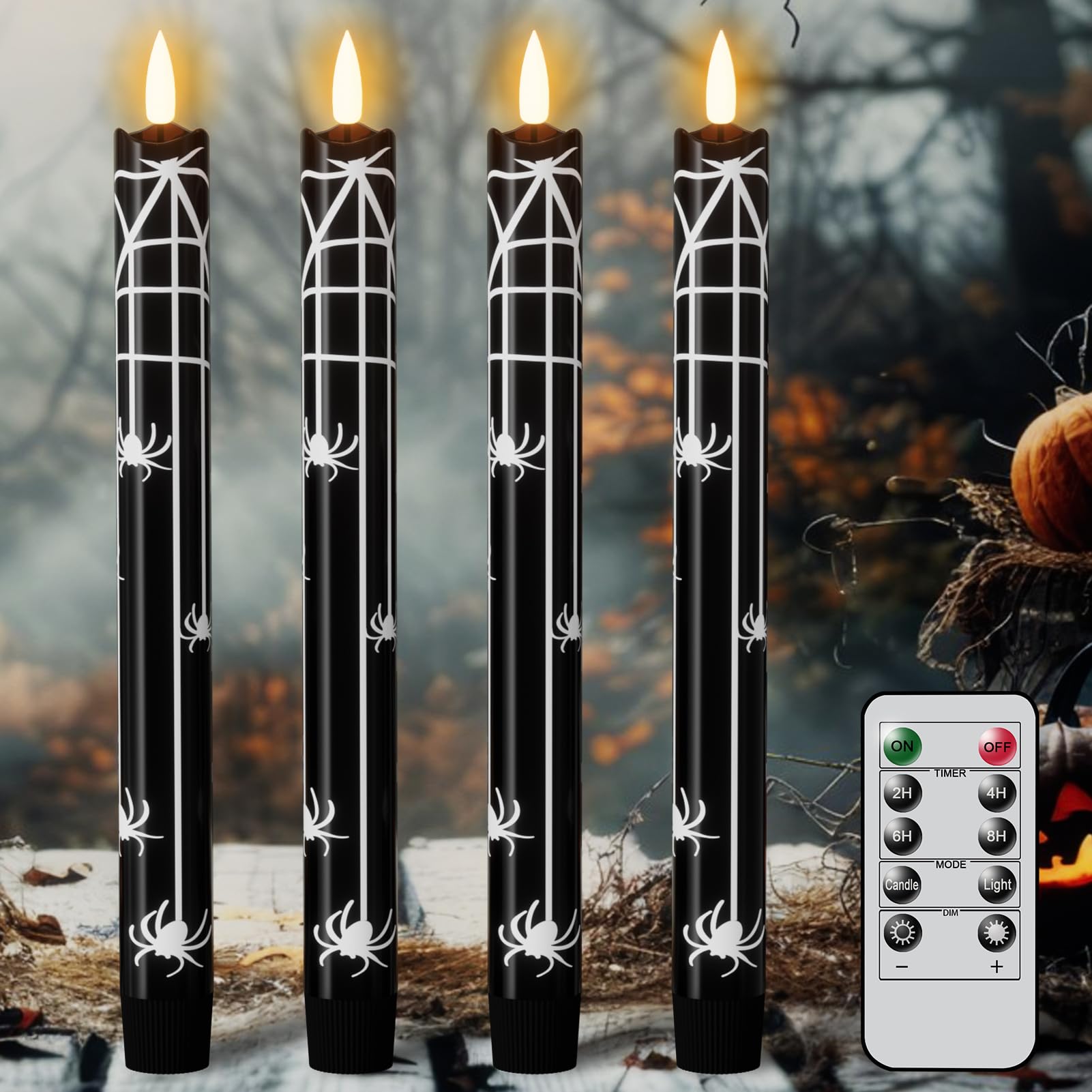 Eldnacele Halloween Spider Decal Flameless Taper Candles with Remote Timer | Battery Operated LED Candlesticks, 3D Wick Flickering Long Lasting, Black Real Wax Spooky Indoor Decor, 0.78"Dx9.64"H, 4Pack