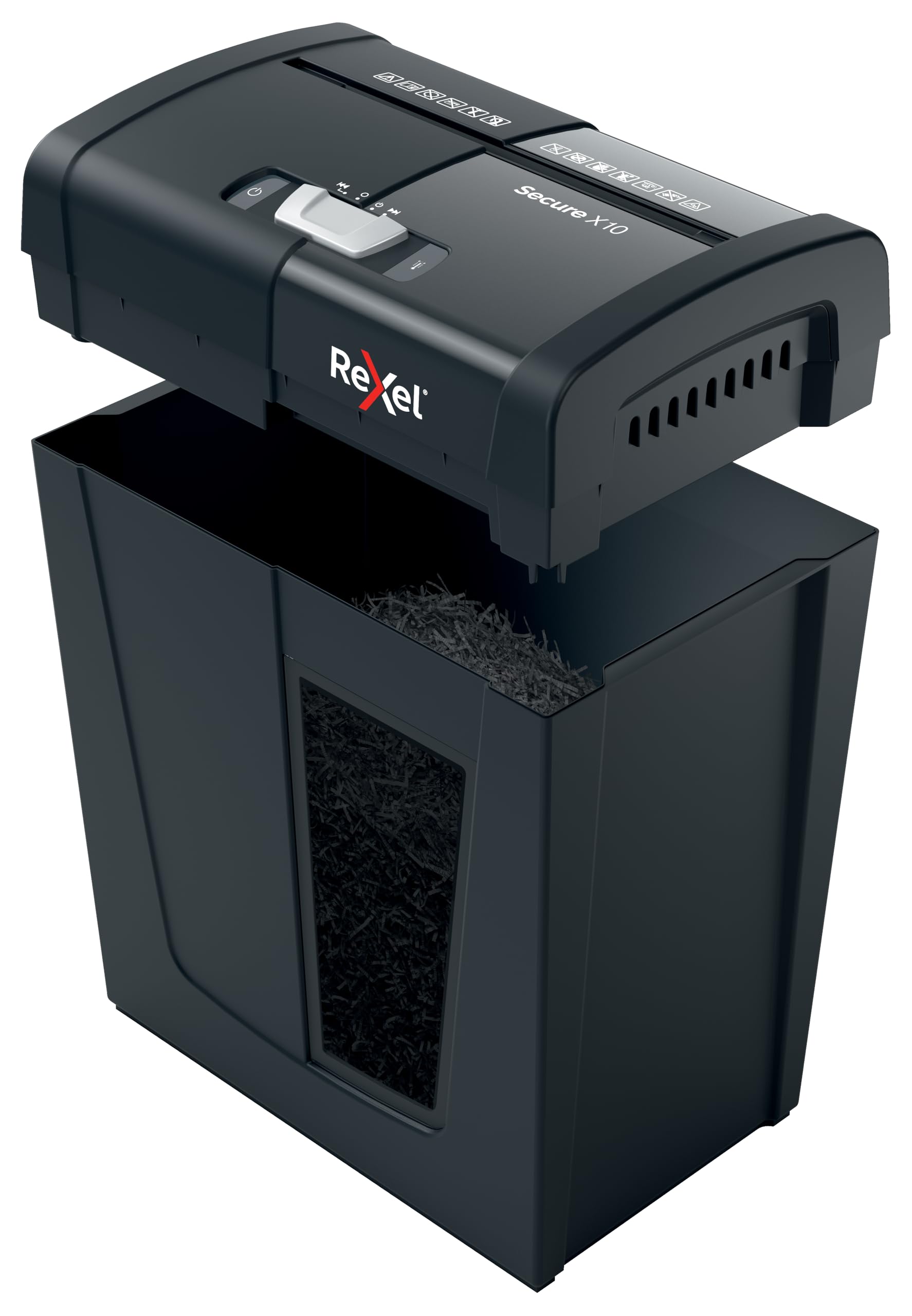 Rexel X10, Niszczarka do Papieru, Tnie na Konfetti do 10 kartek (80 gsm), Poziom Bezpieczeństwa P-4, Domowe Biuro, Pojemność Pojemnika na ścinki 18L, Cicha i Kompaktowa, Seria Protect (2020124EU)
