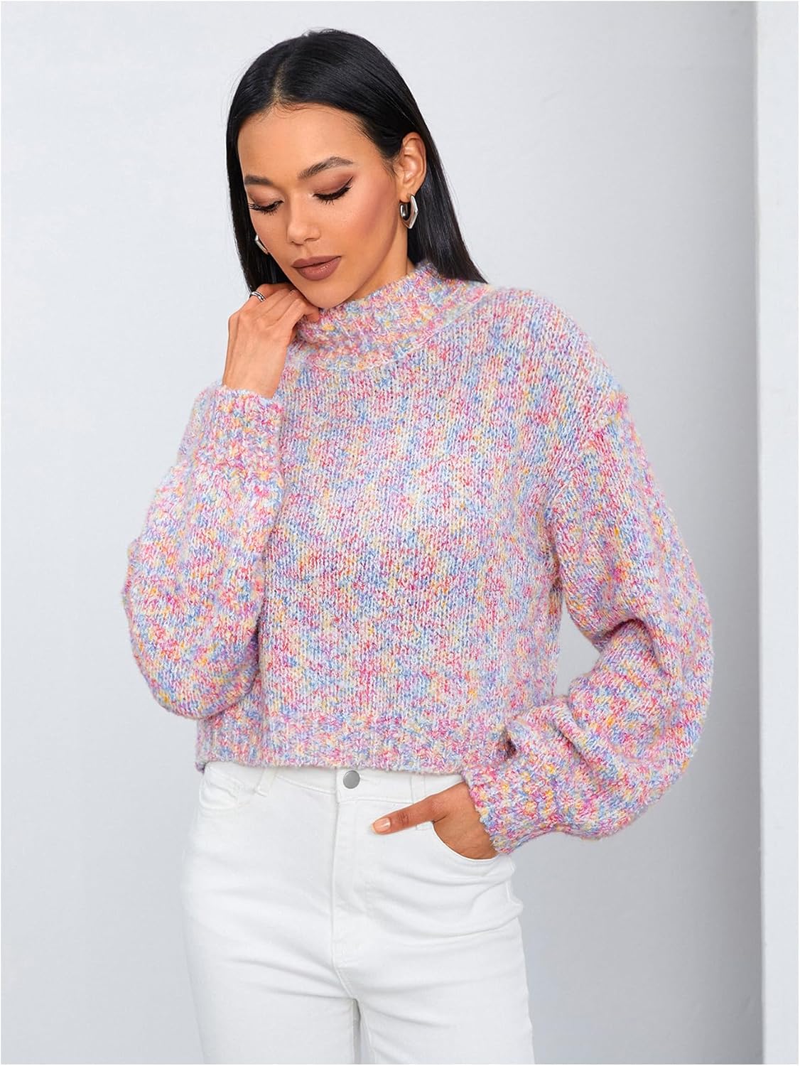 MakeMeChic Women's Space Dye Mock Neck Long Sleeve Cropped Sweater Pullover Knitted Top - Image 4