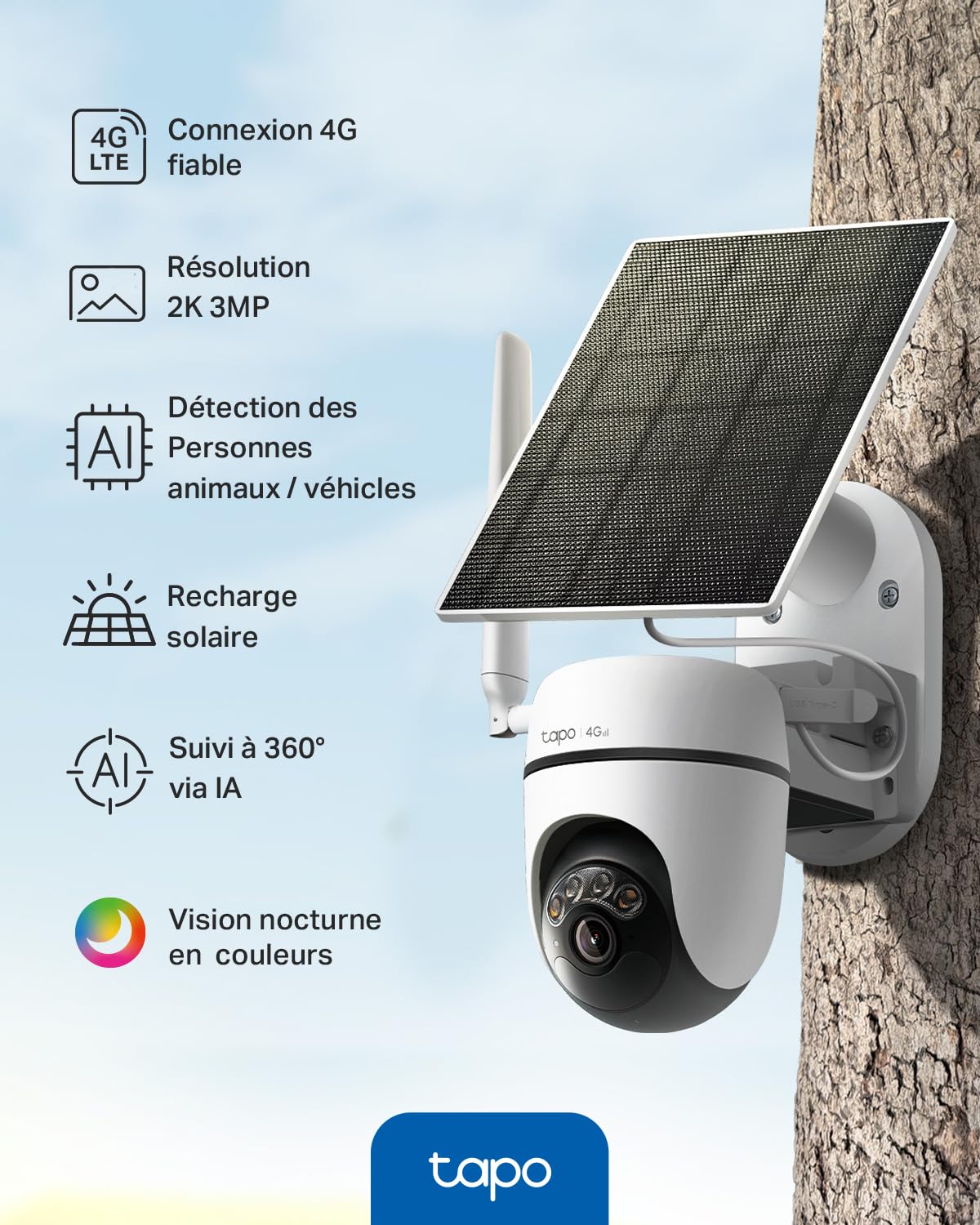 Tapo C615G KIT Caméra 4G Solaire Extérieur 2K 3MP – Caméra Surveillance 4G avec Carte SIM, Vision Nocturne Couleur, Détection IA Personne/Animal/Véhicule, Suivi 360°, Batterie & Stockage Local/Cloud