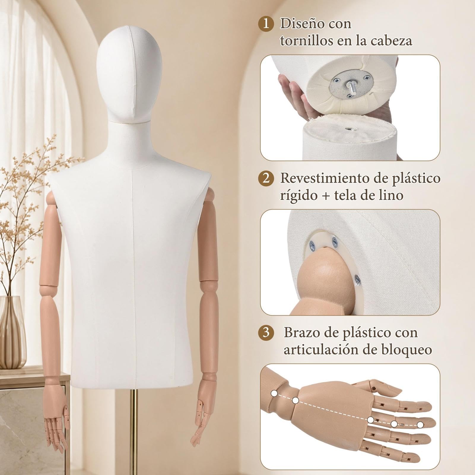 Maniqui Hombre Medio Cuerpo Ajustable 160-212 cm Capacidad de 30 kg | Brazos Robustos Tapicería de Terciopelo – para Boutiques
