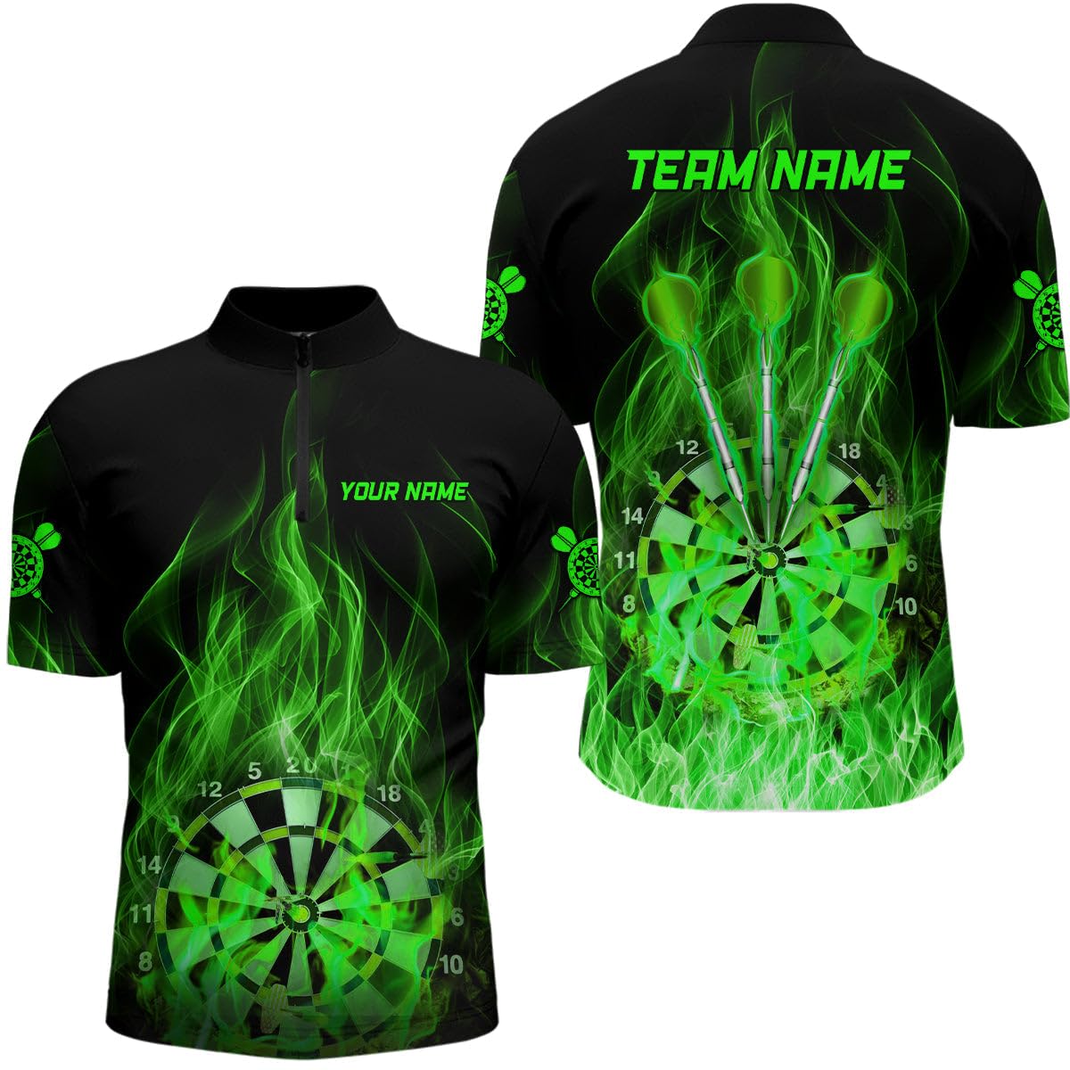 Grünes Feuerflammen-Dartboard Herren & Damen Darts-Polos & Quarter-Zip-Shirts – Individuelle Dart-Shirts für Männer & Frauen – Dart-Trikots L1326