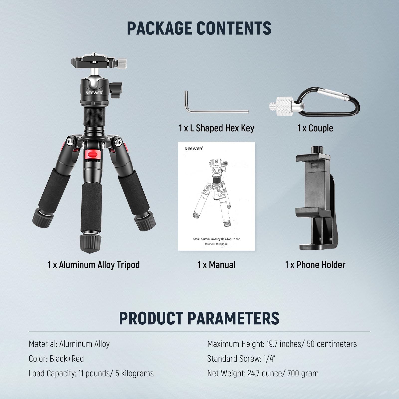 NEEWER Mini statyw do kamery biurkowej z uchwytem na telefon komórkowy, kompatybilny z iPhone'em do nagrywania wideo, mały, przenośny stojak na kamerę DSLR, głowica kulowa 360°, płyta QR 1/10.2 cm