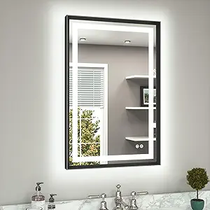 TETOTE 24 x 36 Bathroom LED Mirror Brushed Black Metal Frame Frontlit & Backlit Vanity Mirror Anti-Fog Stepless Dimmable 3 Colors White/Warm/Natural Mirror with Lights Wall-Mounted