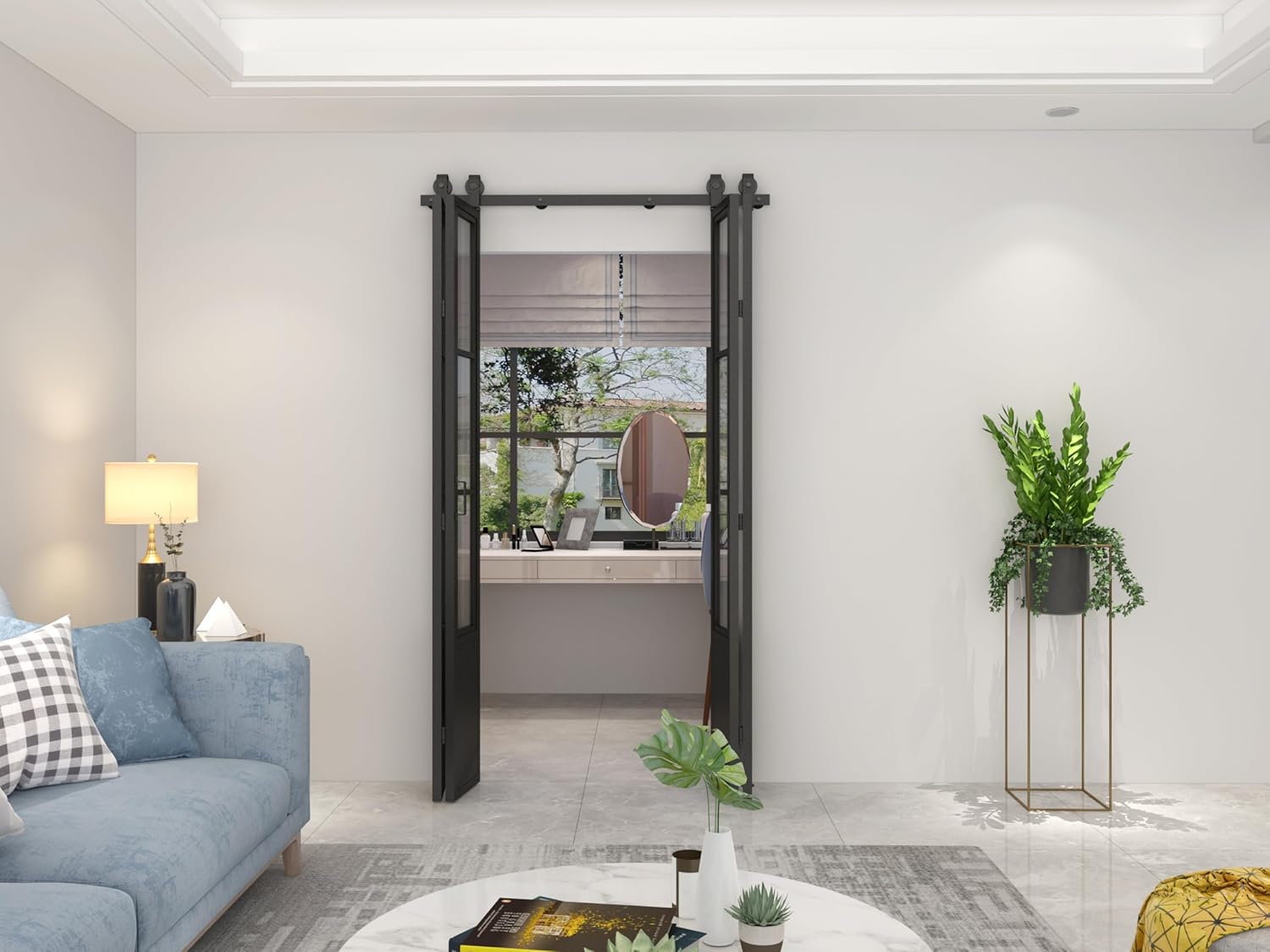 48 in. x 84 in. 3/4 Lites Frosted Glass Black Steel Frame Double Bi-Fold Barn Doors with Hardware Kit and Door Handle