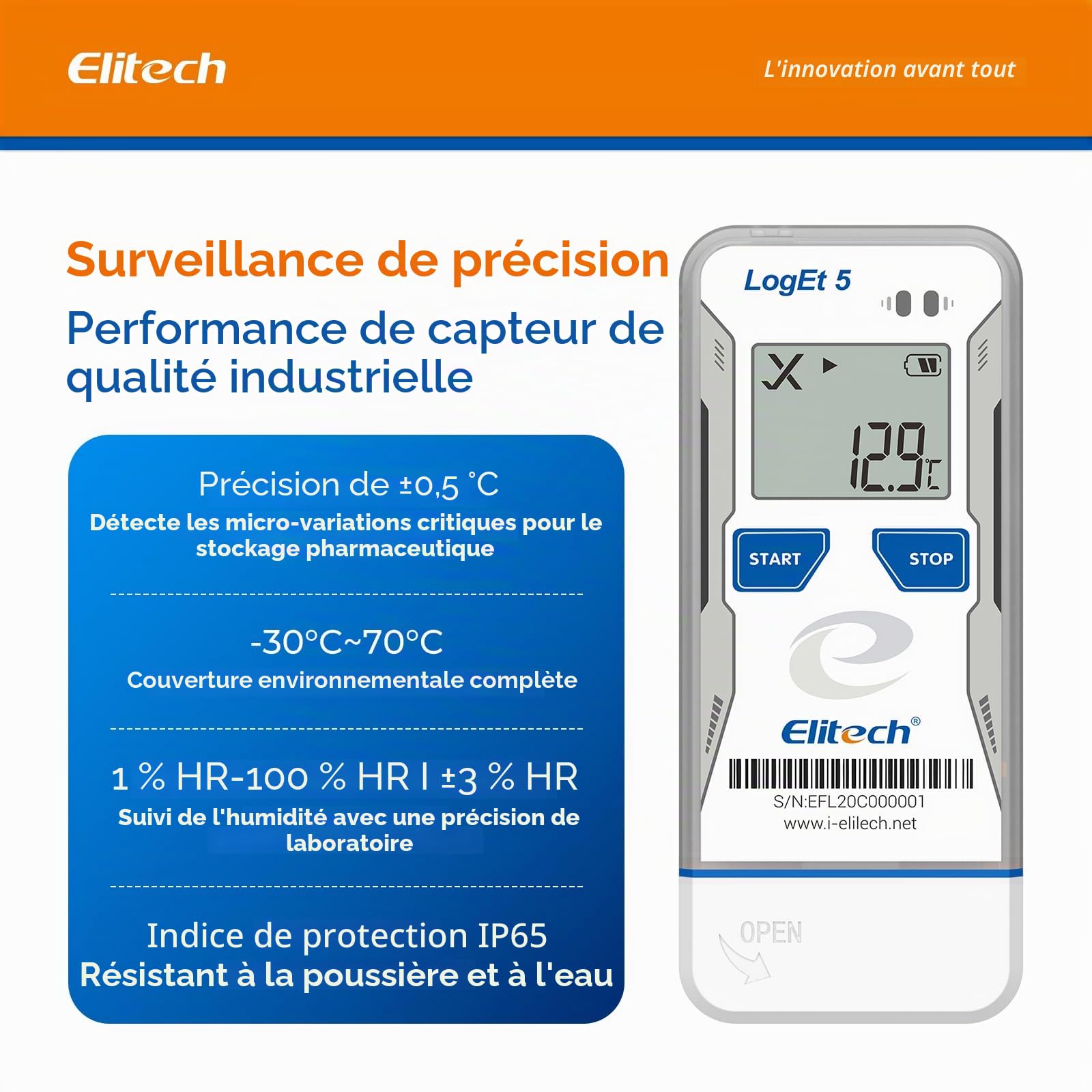 Elitech Enregistreur de Température et d'Humidité USB Bluetooth, Réutilisable avec Données pré-enregistrement, Rapports PDF CSV Automatiques, Thermomètre de Réfrigérateur 32 000 Points LogEt5BTH
