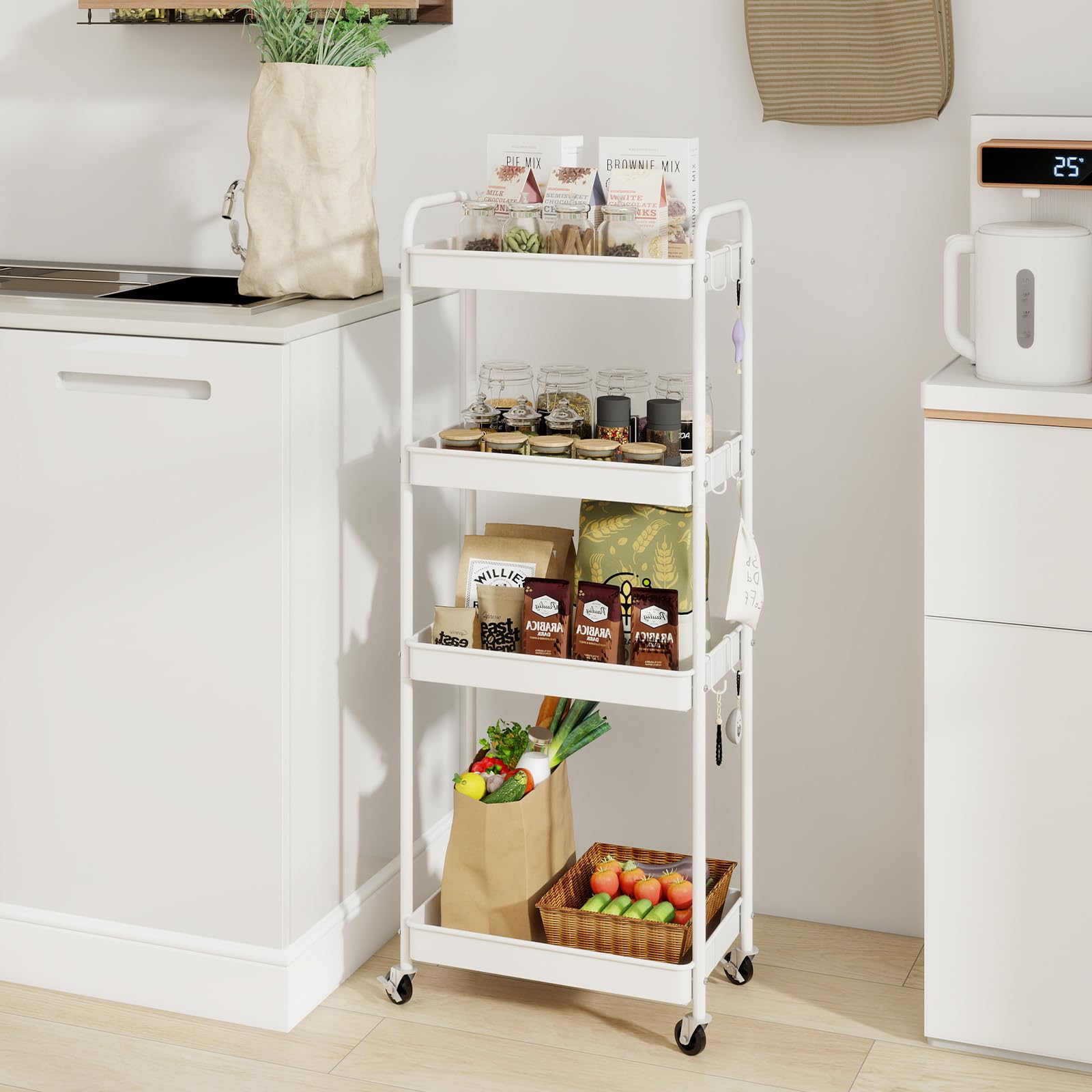 PUNCIA Chariot de Rangement en Métal Desserte à roulettes à 4 Niveaux | Chariot Cuisine avec 6 Crochets Trolley de Service Facile à Installer et à Nettoyer pour Salon Salle de Bain Bureau (Blanc)