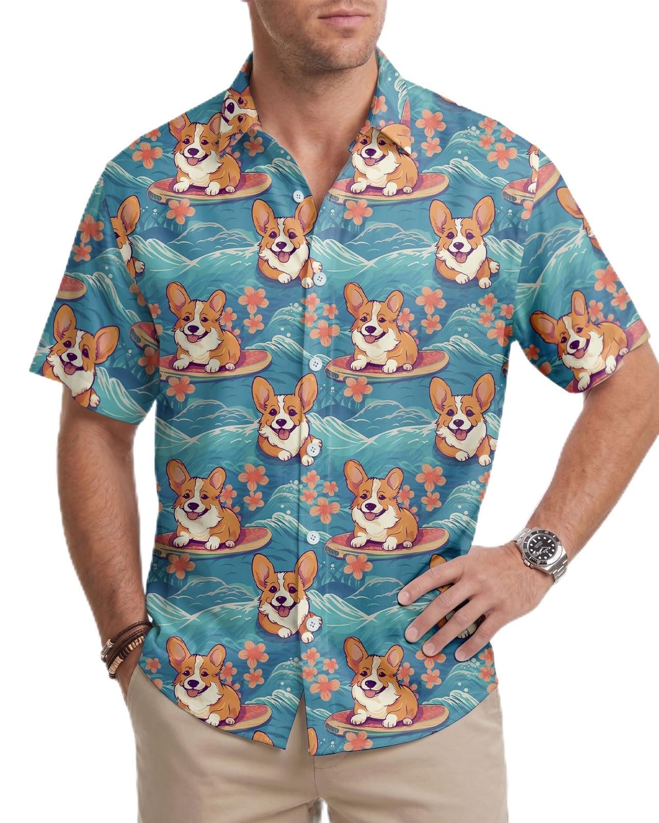 GEPOS Dog Men's Button Shirt, Tropical Dog Hawaiian Shirt for Unisex, Summer Birthday Gift for Men, Beach Men's T-Shirt, Corgi 2, L — image 1