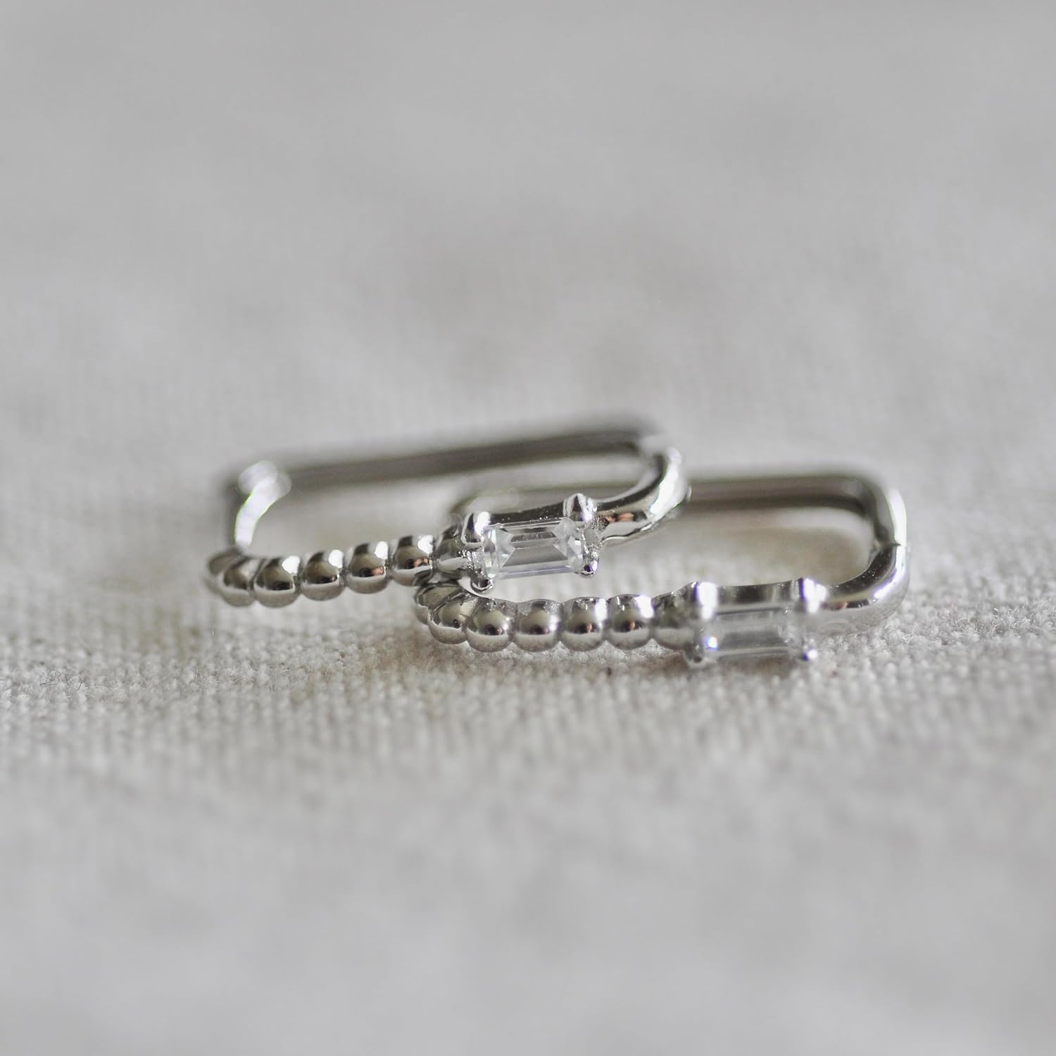 Sterling Silver Rounded Rectangular Huggie Earrings with Ball Detail - Image 4