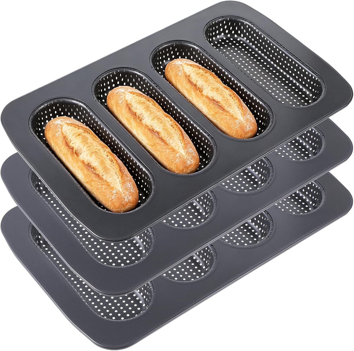 3-Pack Hot Dog Bun Pan, 4-Cavity Perforated Carbon Steel Bread Loaf Pan