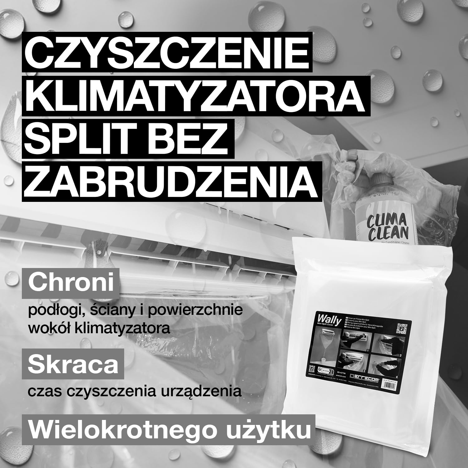 ERRECOM Zestaw do czyszczenia klimatyzatora: 1 środek Clima-Net 1l do czyszczenia klimatyzacji, filtrów, wężownic żebrowanych, jednostek zewnętrznych i 1 Wally - osłonę do czyszczenia klimatyzacji