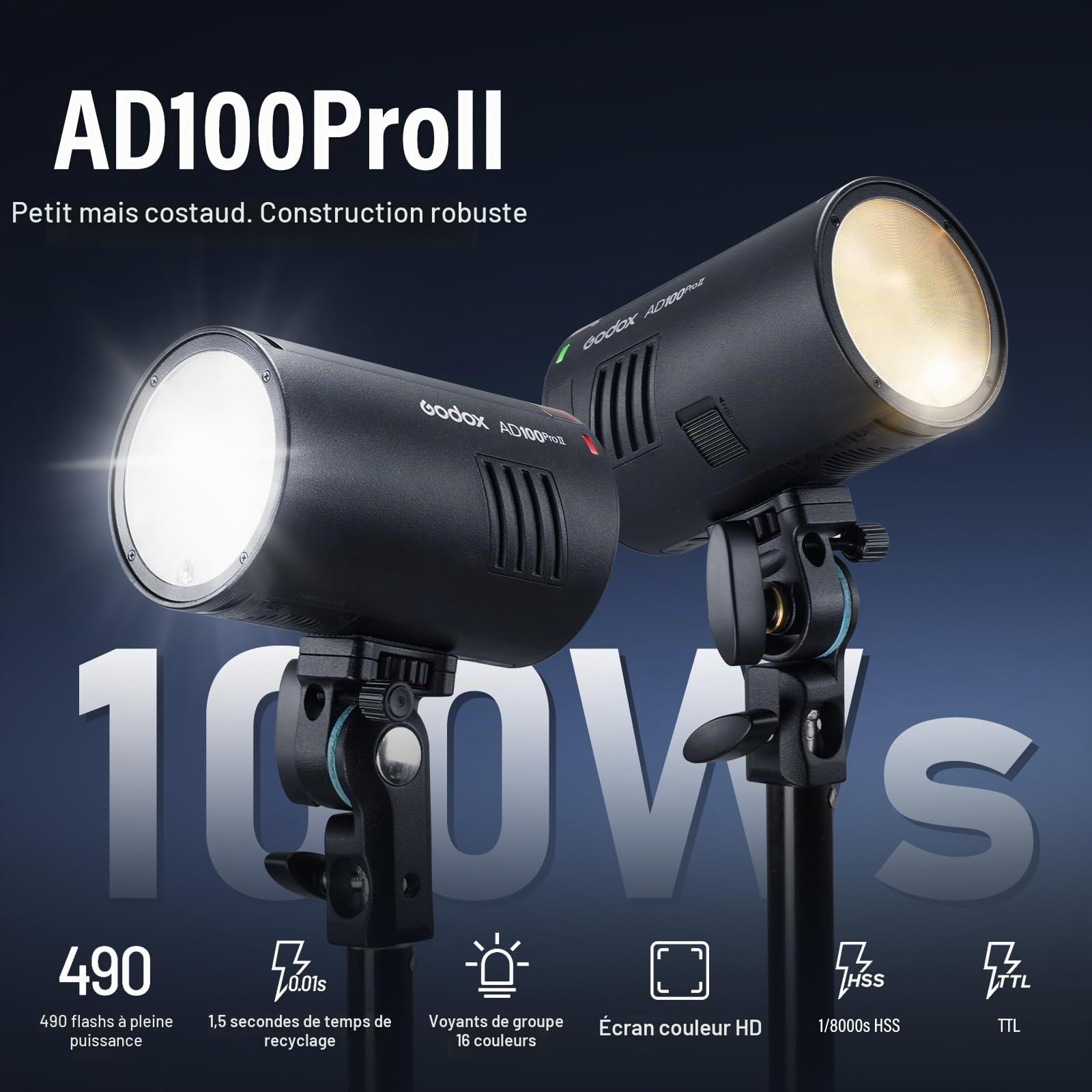 GODOX AD100ProII Flash Kit AD100Pro Upgrade Lumière Strobe Photographie,100Ws 2.4G San Fil HSS 1/8000s Flash Extérieur,USB-C Recharge,Batterie 2850mAh 490 Flashs Pleine Puissance Lampe de Modelage LED