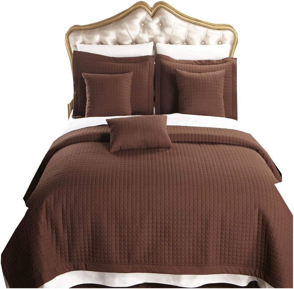 Royal Hotel Bedding Checkered Style Soft and Plush Coverlet, 3PC Set Stitched Filled Bedspread, Extra Soft Bed Cover, Checkered Pattern Quilted Bed Quilt, Chocolate, King