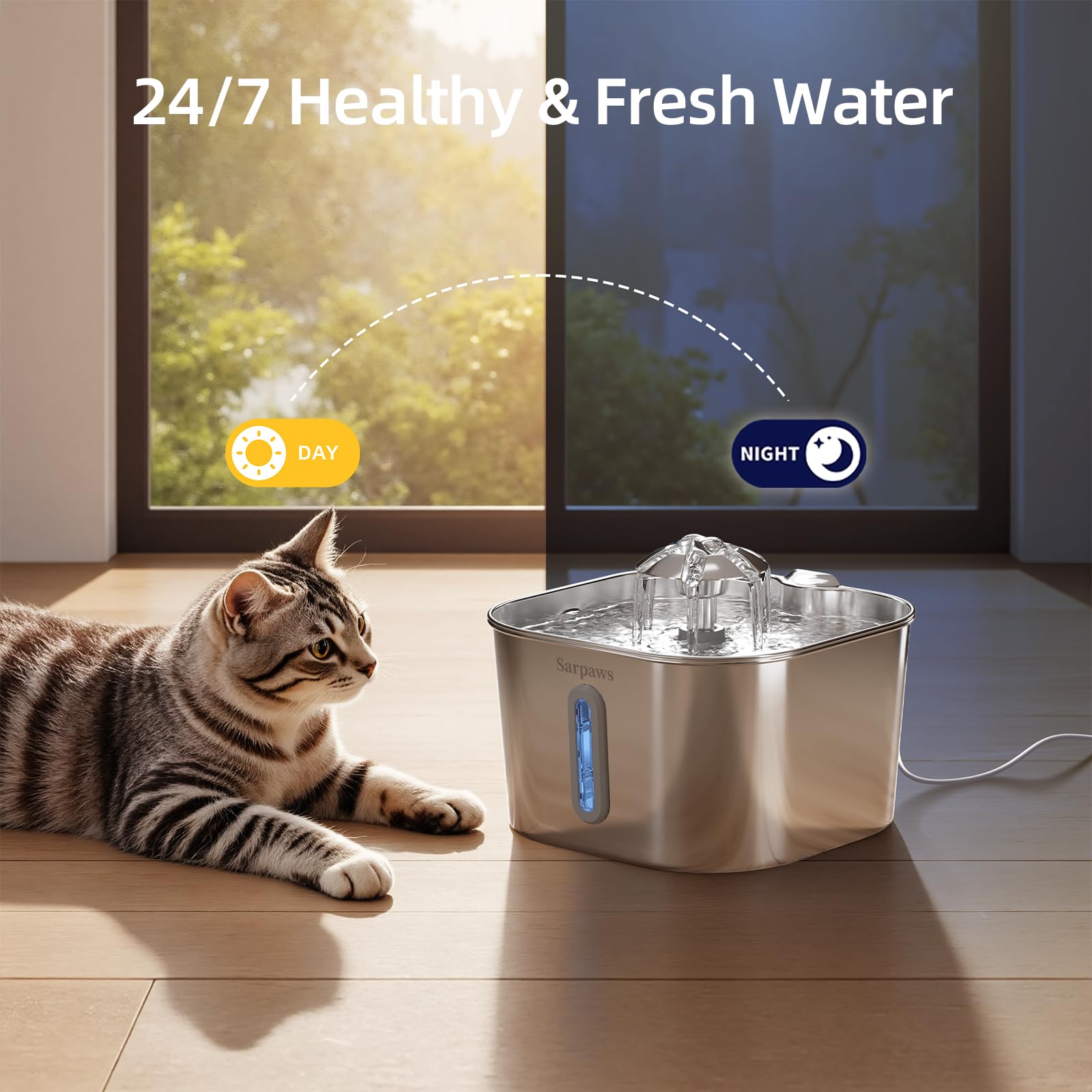 Cat Water Fountain Stainless Steel：74oz/2.2L Water Fountains for Cats Indoor, Cat Fountains for Drinking, Ultra-Quiet, Water Level Window, Pet Water Fountain - 2 Filters + 2 Sponges - image 3