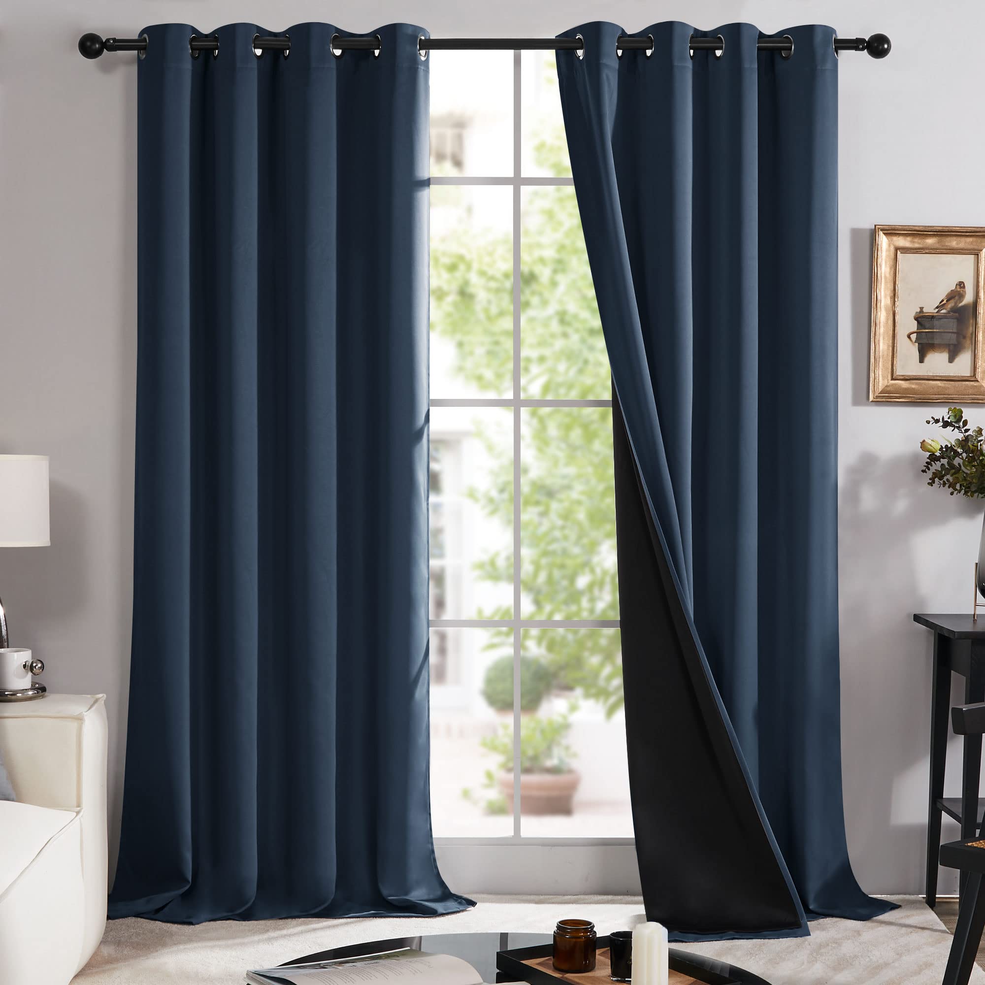 Deconovo 100% Blackout Curtains 108 inches Long, Noise Reduction Window Treatment Curtains, Room Darkening Drapes and Draperies for Apartment Decor (Navy, 2 Panels, 52W x 108L Inch)