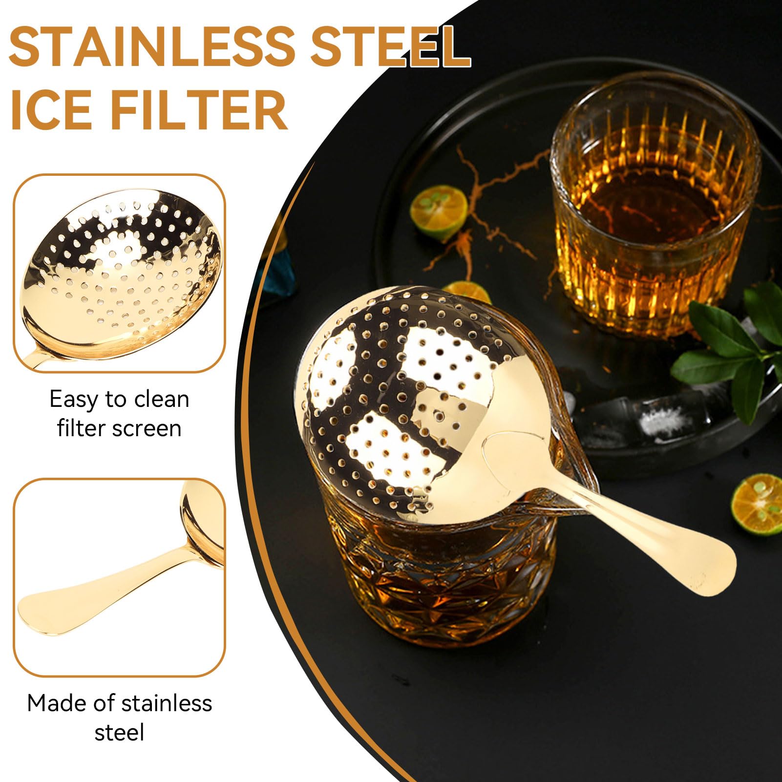 Colador Julep de acero inoxidable, colador de cóctel, colador de cóctel, cuchara, colador de bebidas con asa para el hogar o bar comercial (dorado) 3