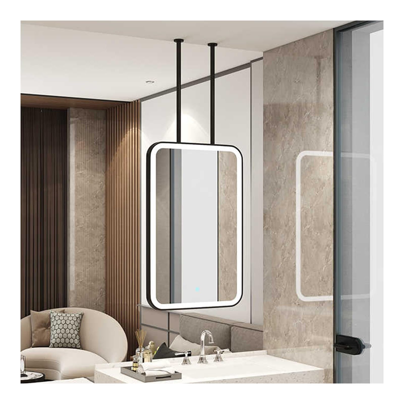 FGXHHS LED Lighting Rectangular Ceiling Hanging Mirror, Metal Frame, Vanity Shaving Makeup (Black,60x100cm)