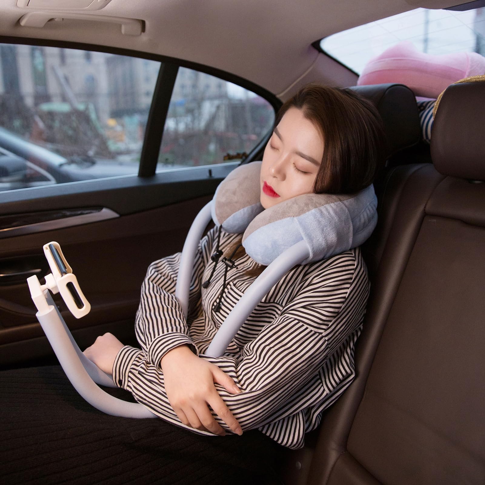 Soporte para teléfono móvil con almohada para el cuello, diseño ajustable 2 en 1, rotación de 360 grados, soporte cómodo para reducir la fatiga del cuello, ideal para el hogar y viajes