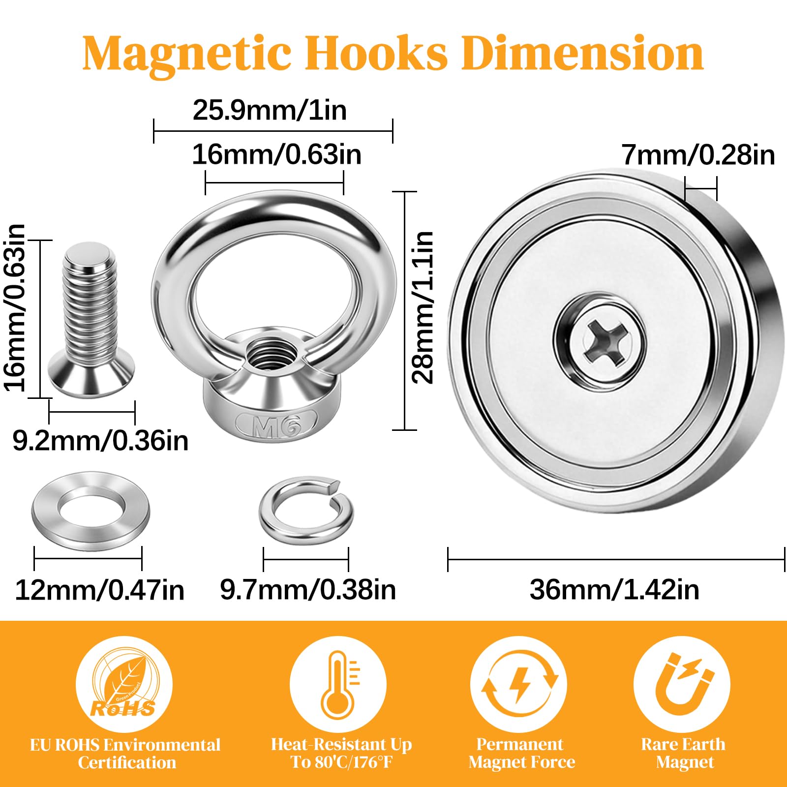 MIN CI Magneti forti da 36 mm, 12 ganci magnetici extra forti 55 kg (121 lb), forza adesiva al neodimio, magnete per pesca magnetica con occhiello, gancio magnetico, forte magnete per campeggio